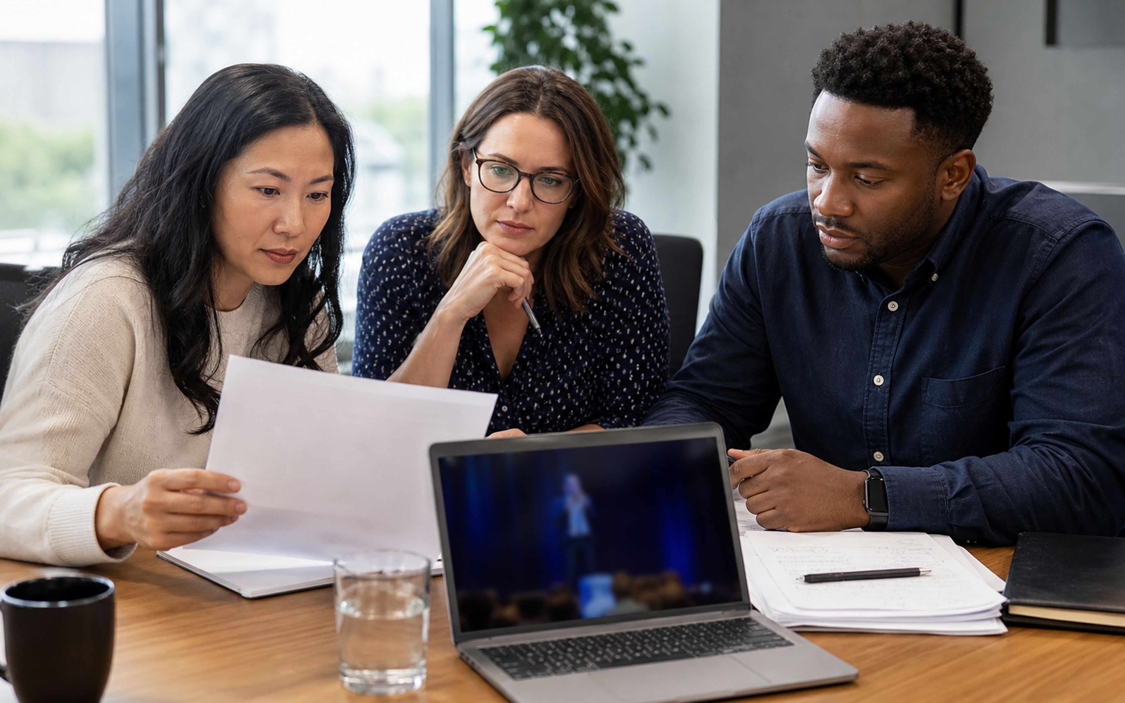 Three event planners compare a speaker proposal and keynote recording