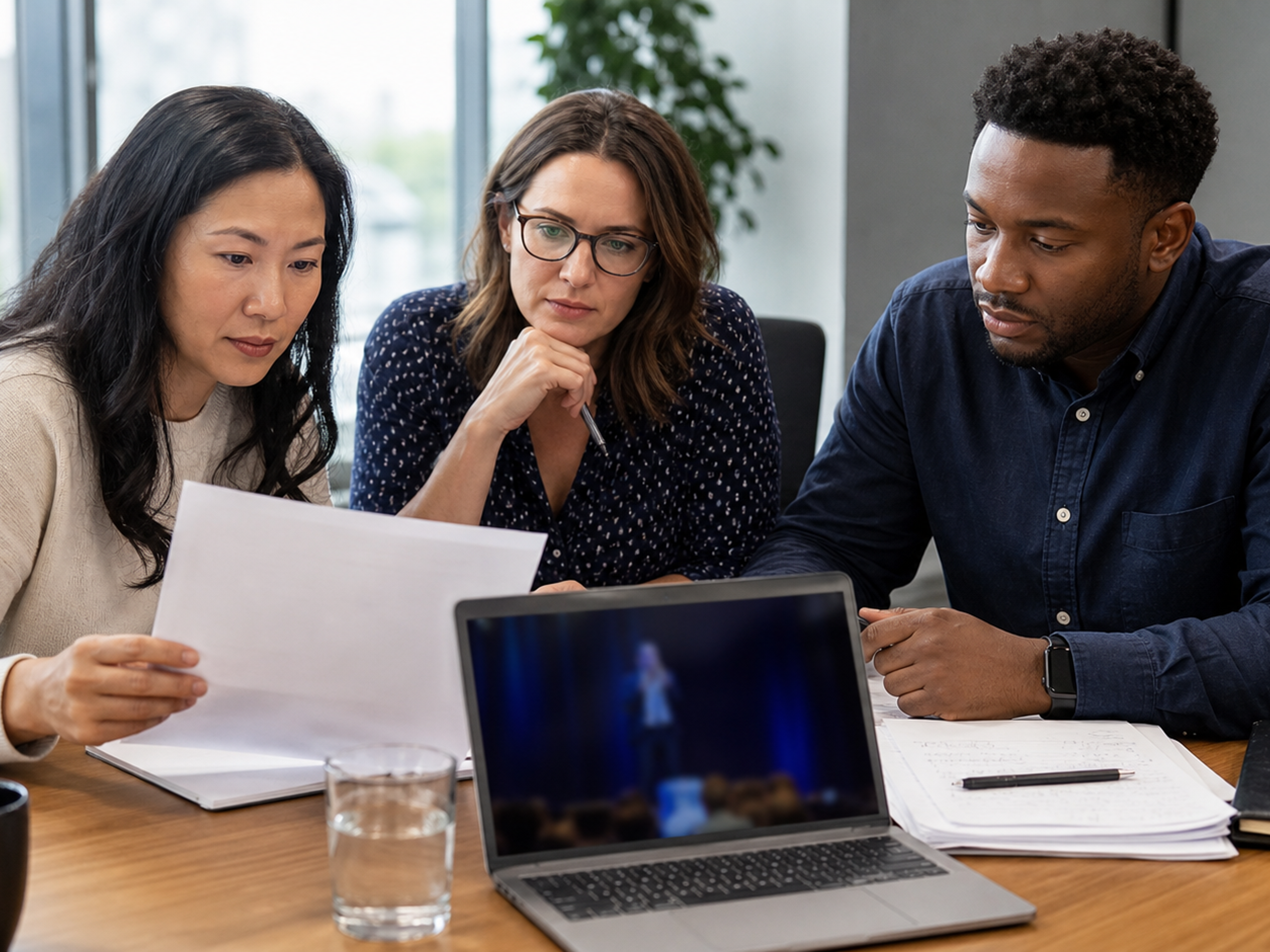 Three event planners compare a speaker proposal and keynote recording