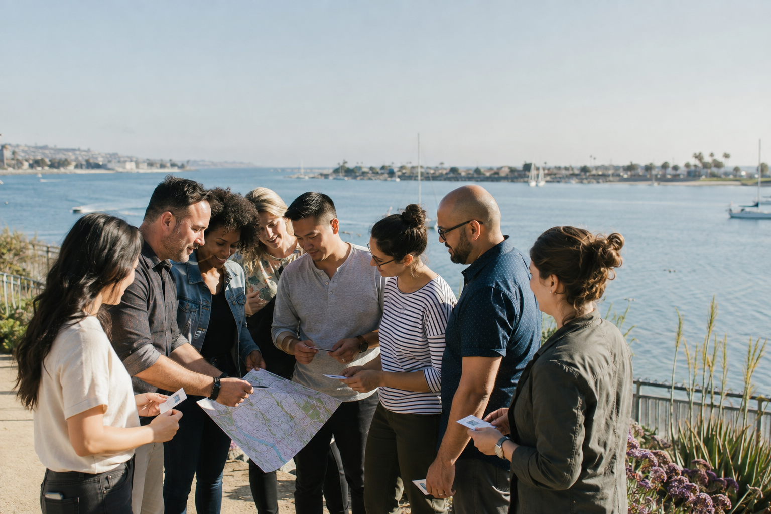 Orange County coworkers compare team-building options at a coastal harbor overlook