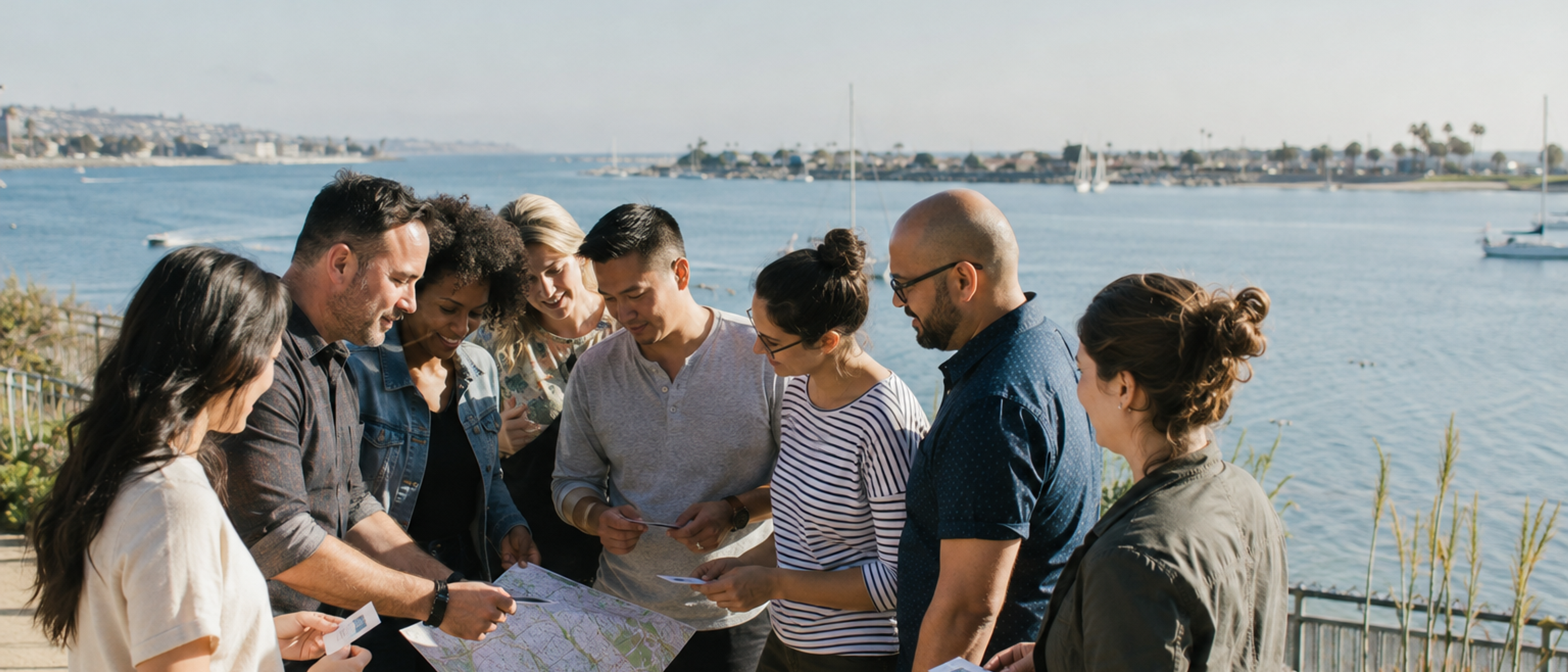 Orange County coworkers compare team-building options at a coastal harbor overlook