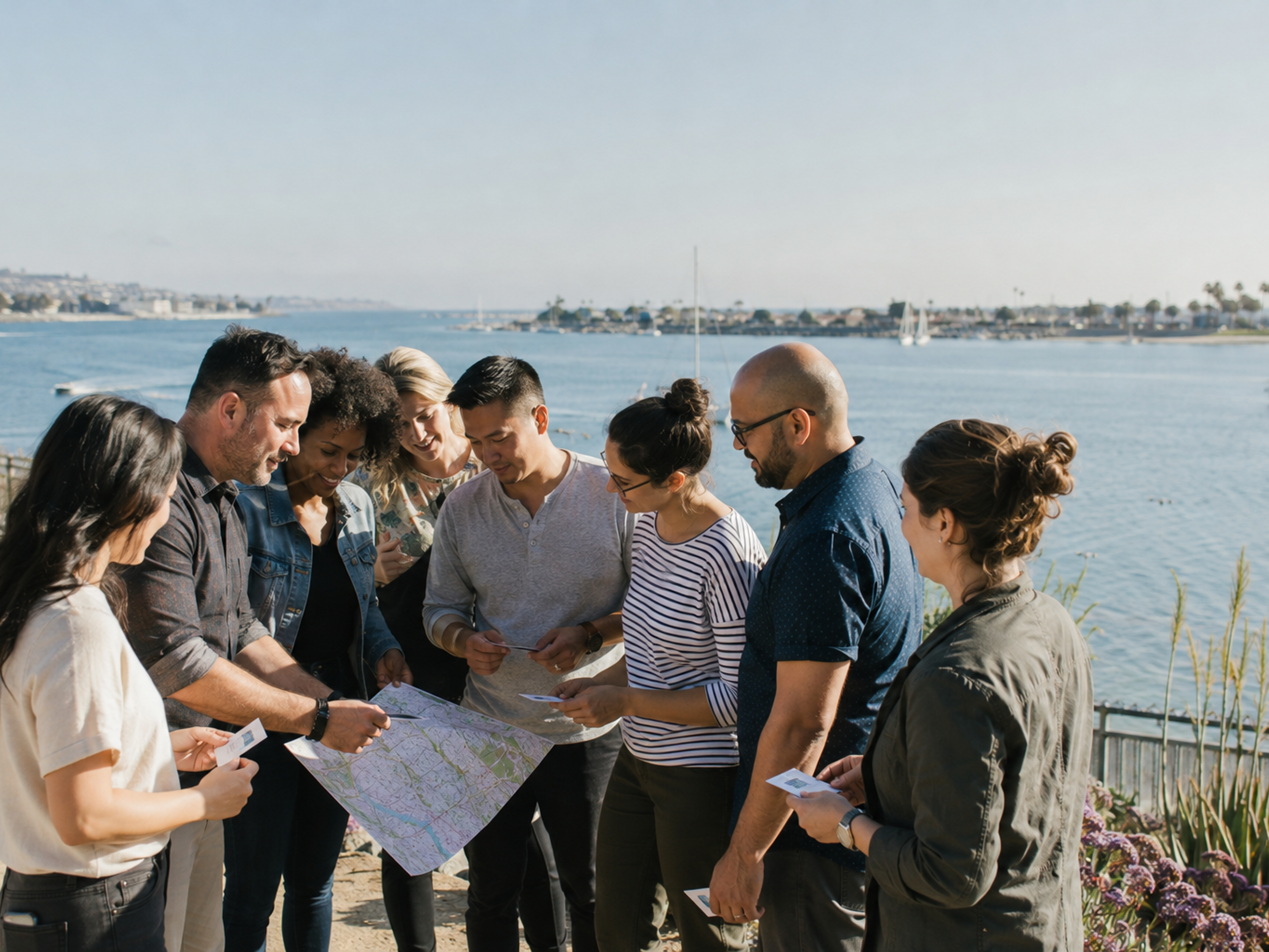 Orange County coworkers compare team-building options at a coastal harbor overlook