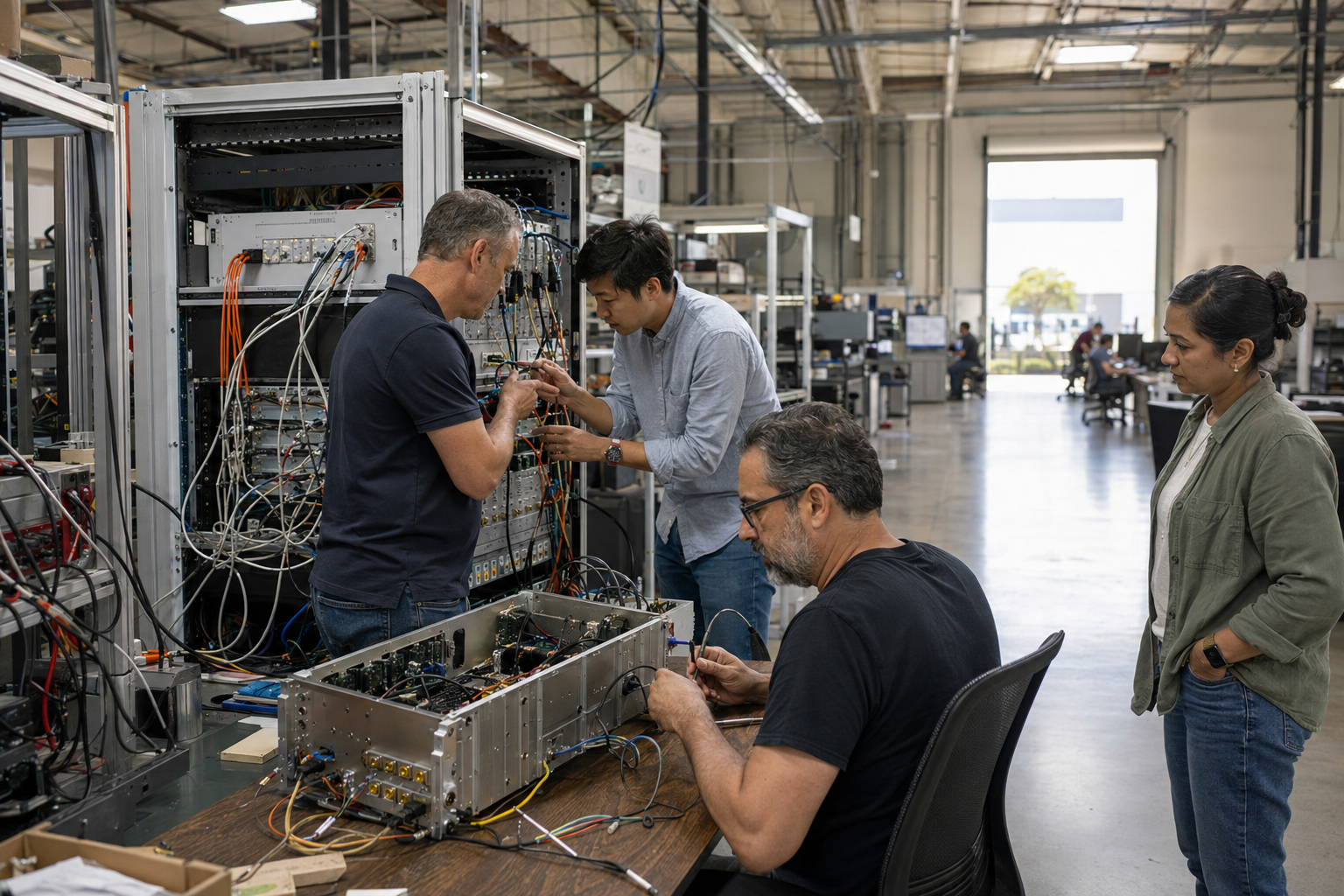 Southern California aerospace engineers work at an avionics systems-integration bench