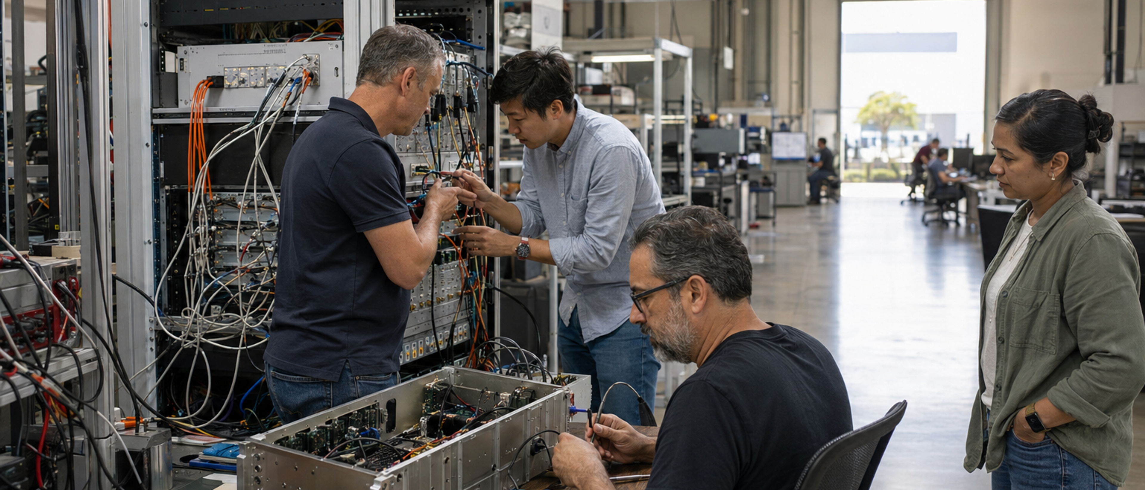Southern California aerospace engineers work at an avionics systems-integration bench