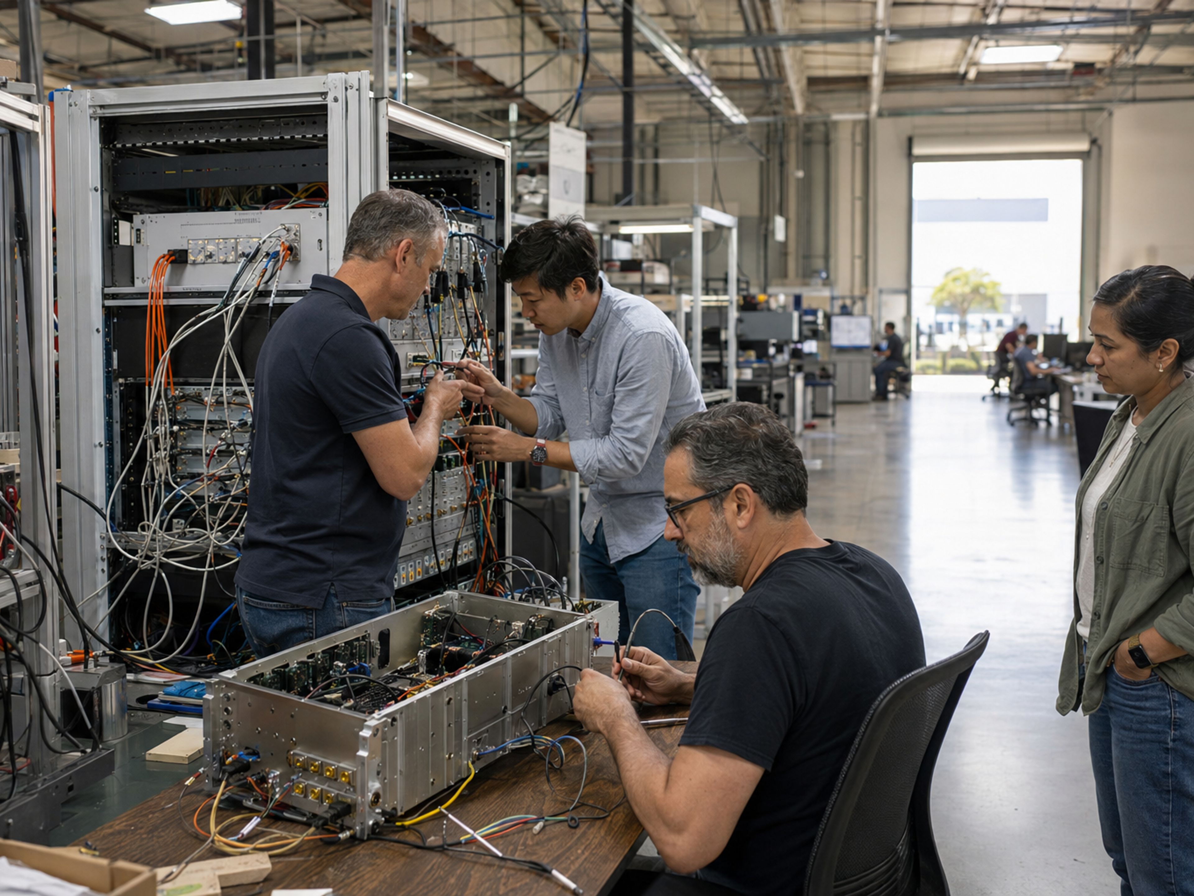 Southern California aerospace engineers work at an avionics systems-integration bench