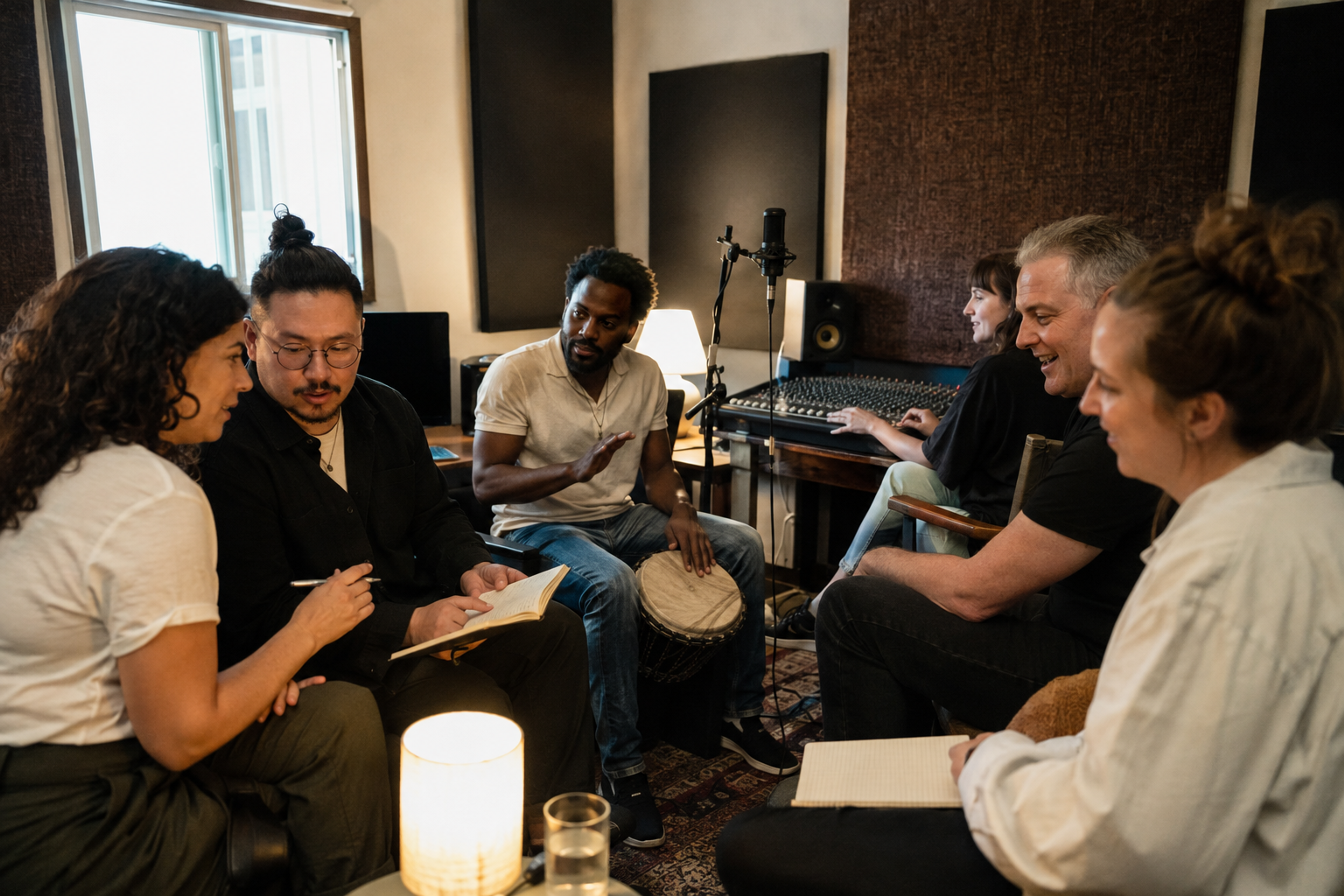 Colleagues develop lyrics and rhythm together in a small recording room