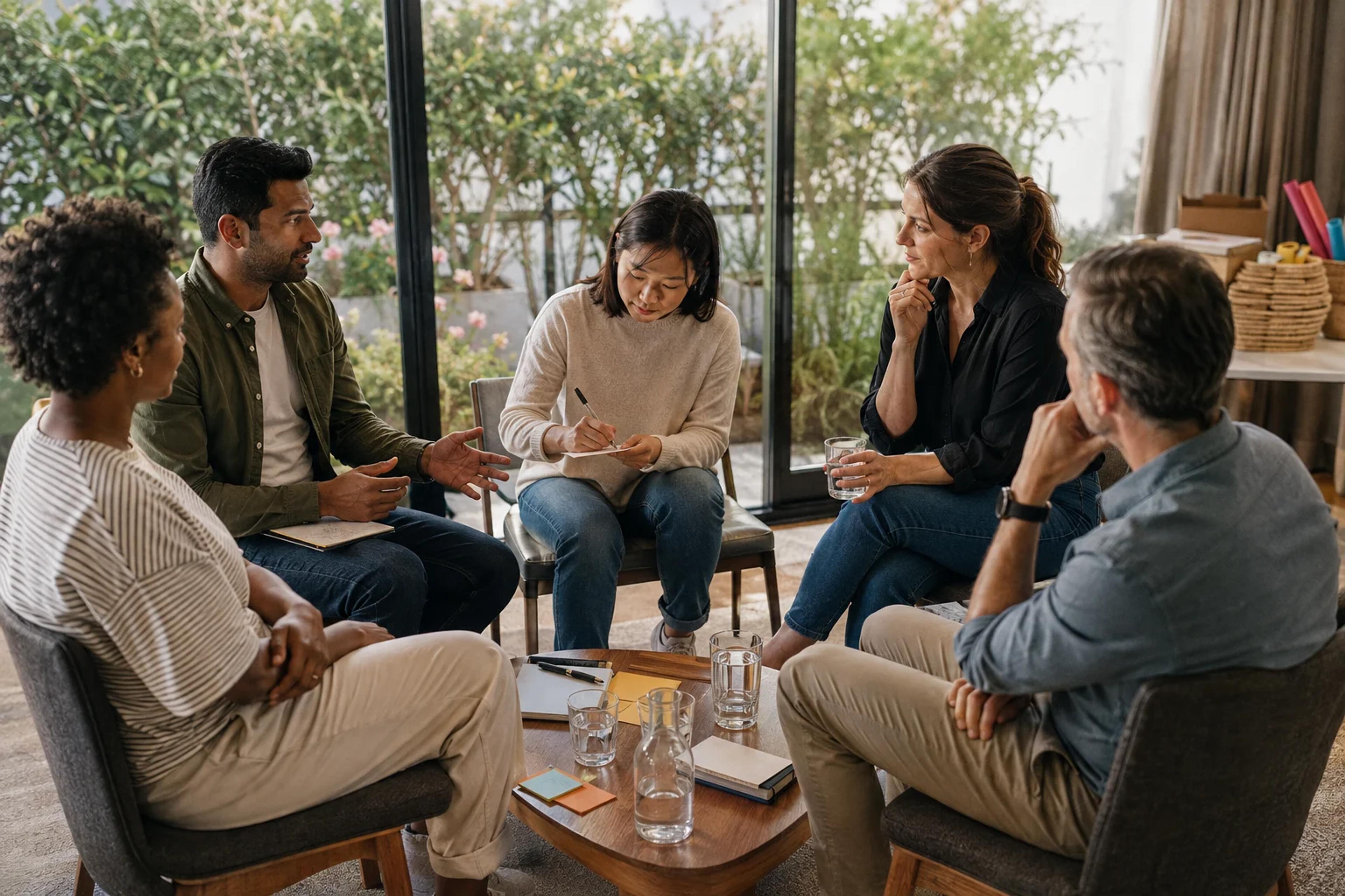 Colleagues hold a calm post-event debrief and record one practical team commitment