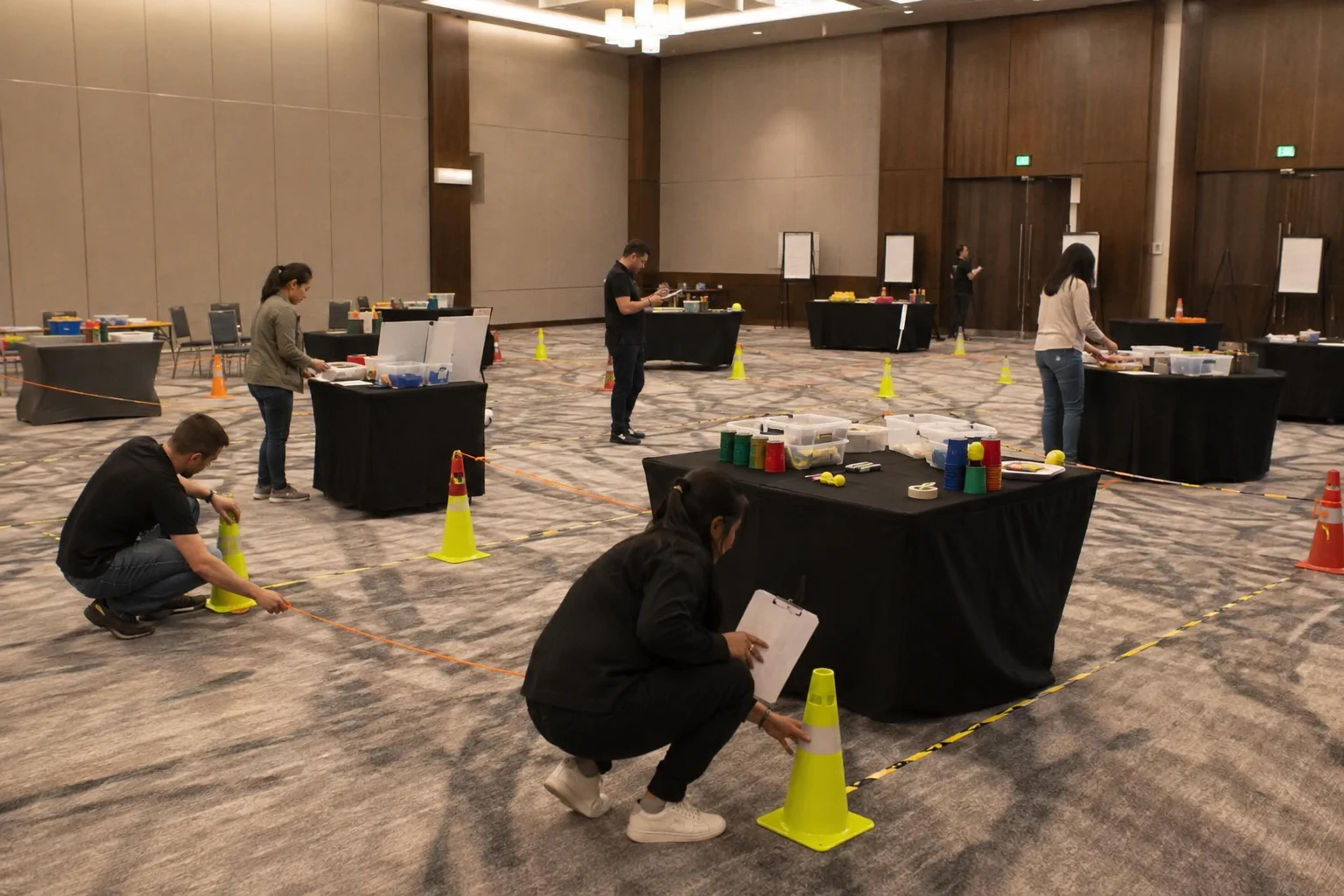 Facilitators prepare clearly marked parallel stations for a large corporate team event
