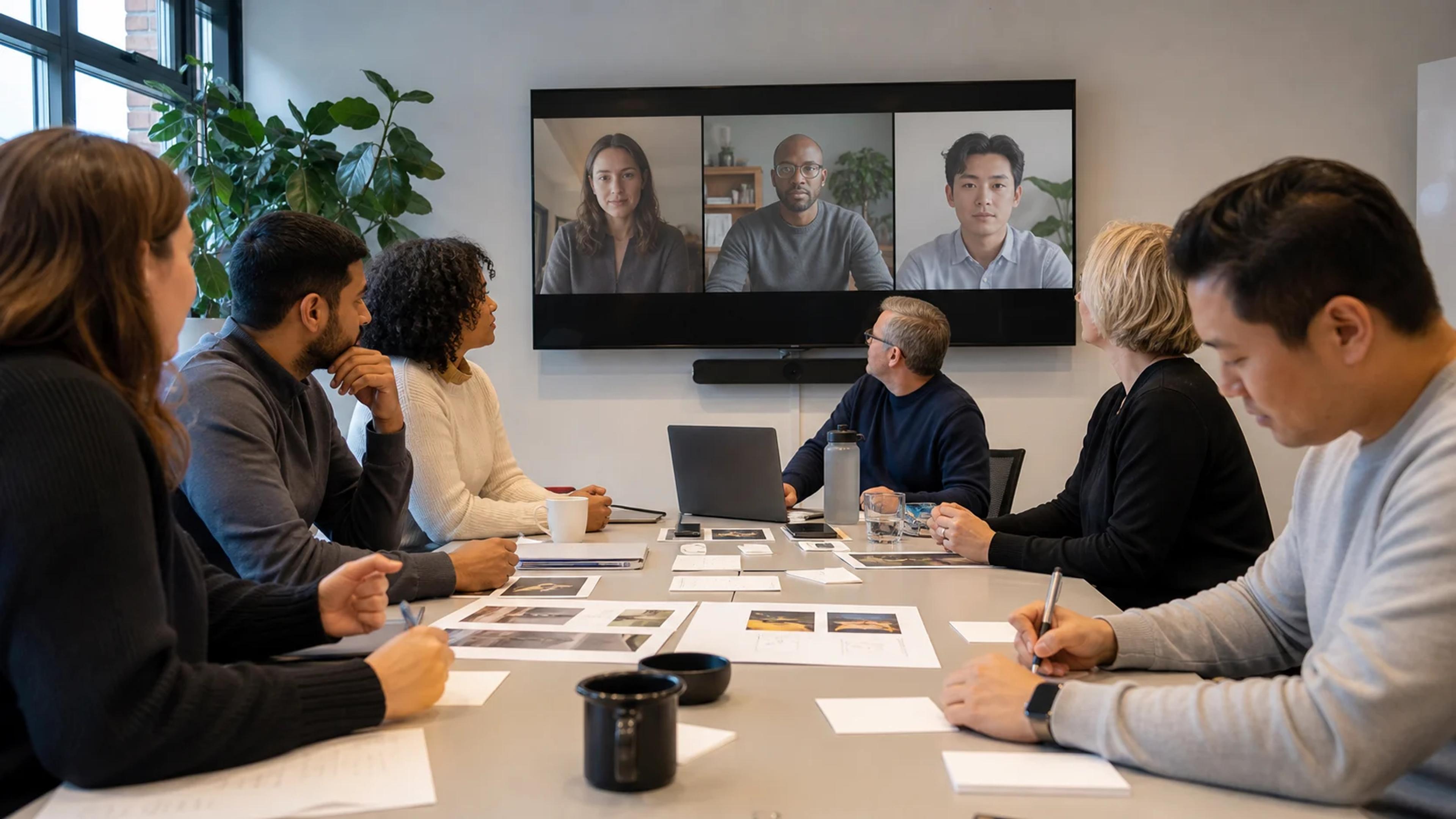 Hybrid coworkers collaborate while remote colleagues participate on a large screen