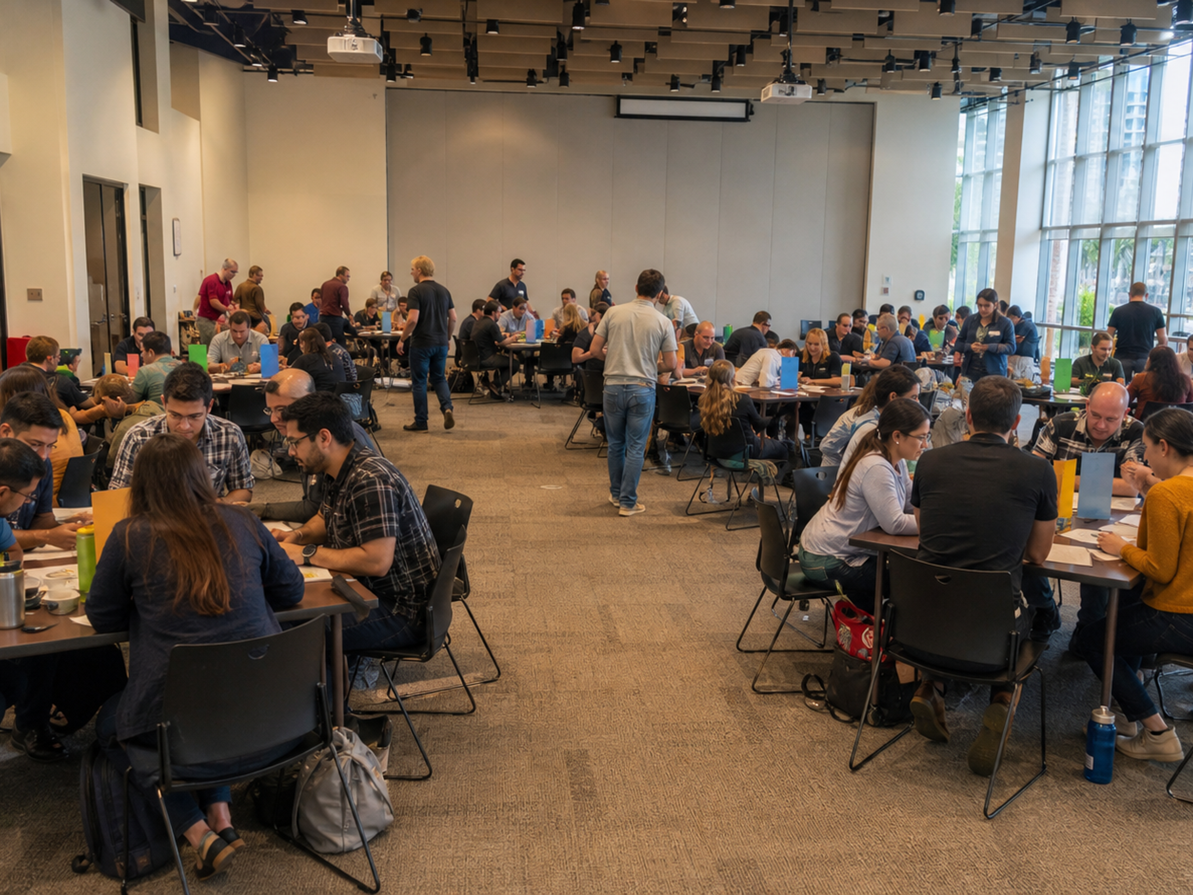 A large workplace group rotates through facilitated activity stations outdoors