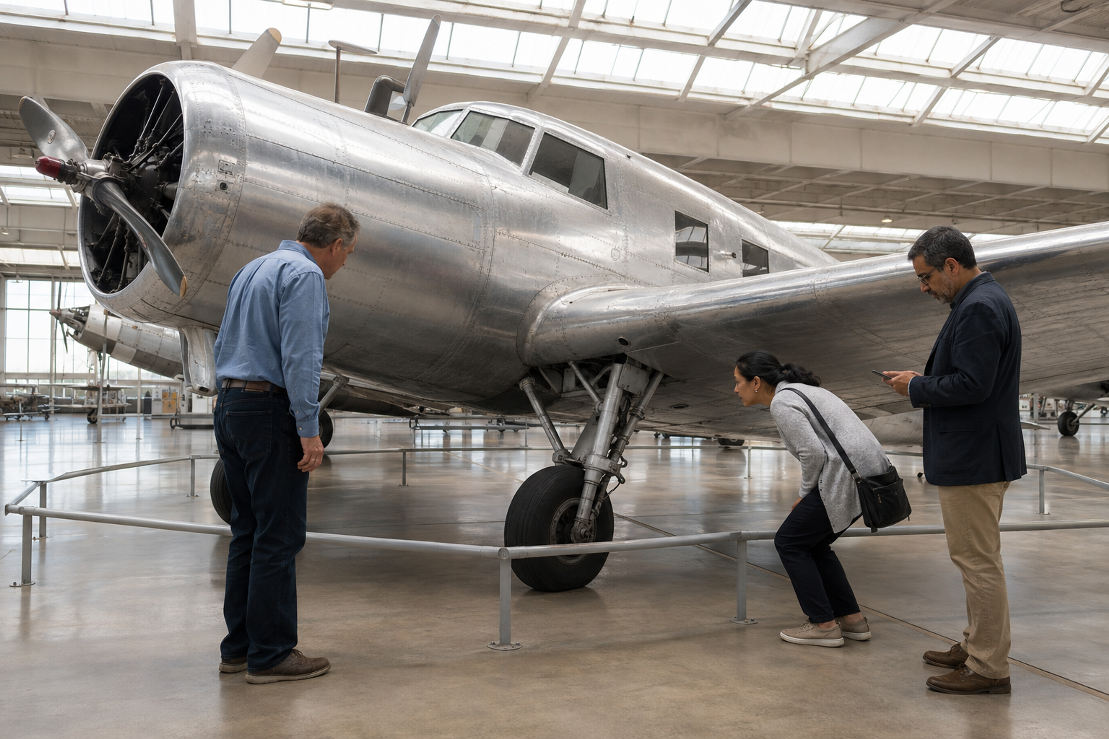 Technical professionals study the landing gear of a historic civilian aircraft