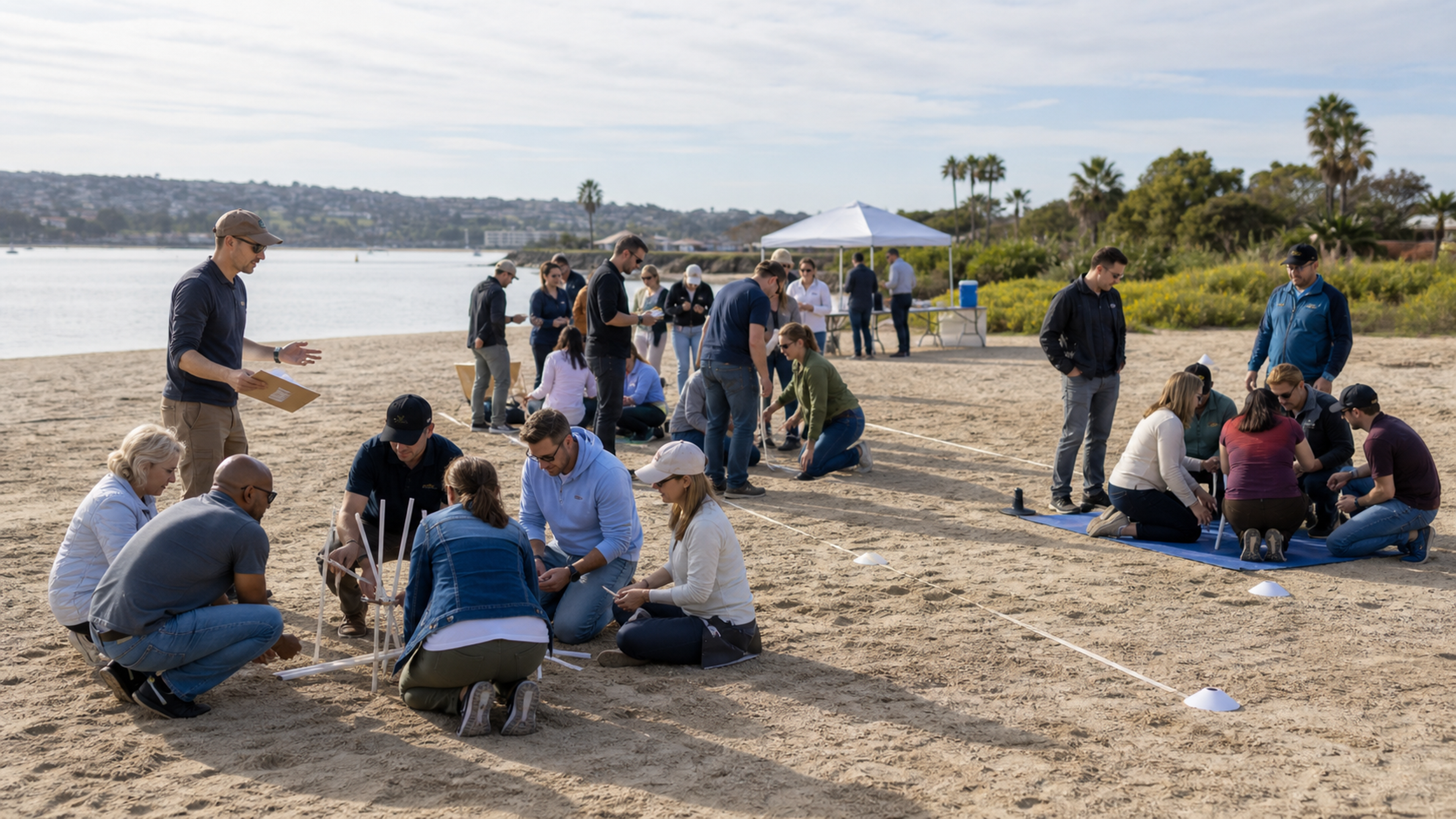 A large workplace group works in pods at parallel team-building stations beside Mission Bay