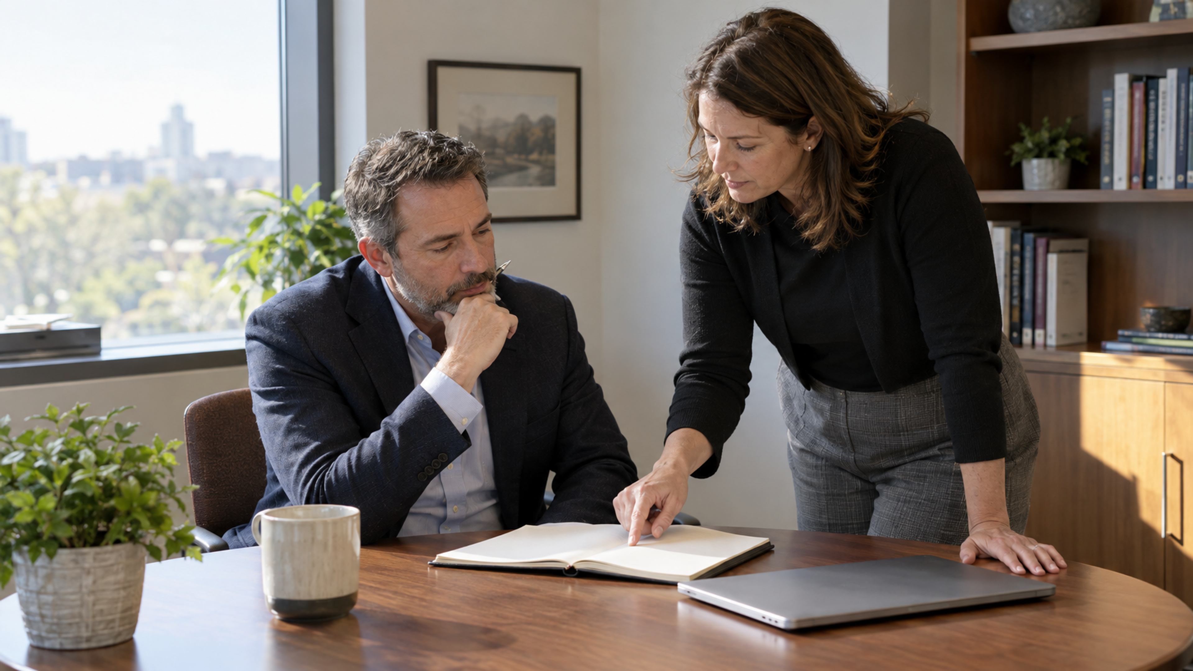Two leaders review an open notebook together after a working session