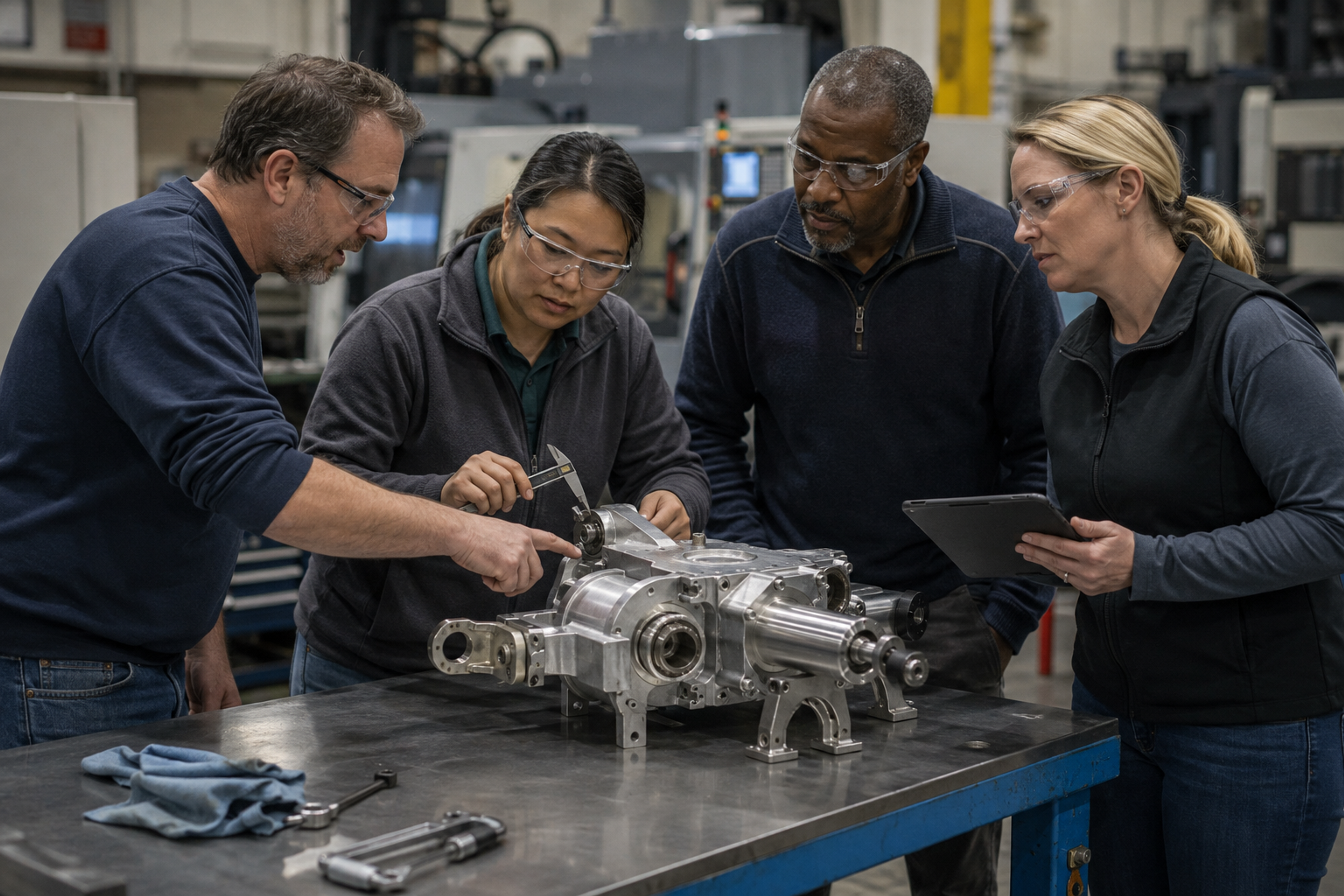 Design, quality and manufacturing engineers review a machined aerospace assembly