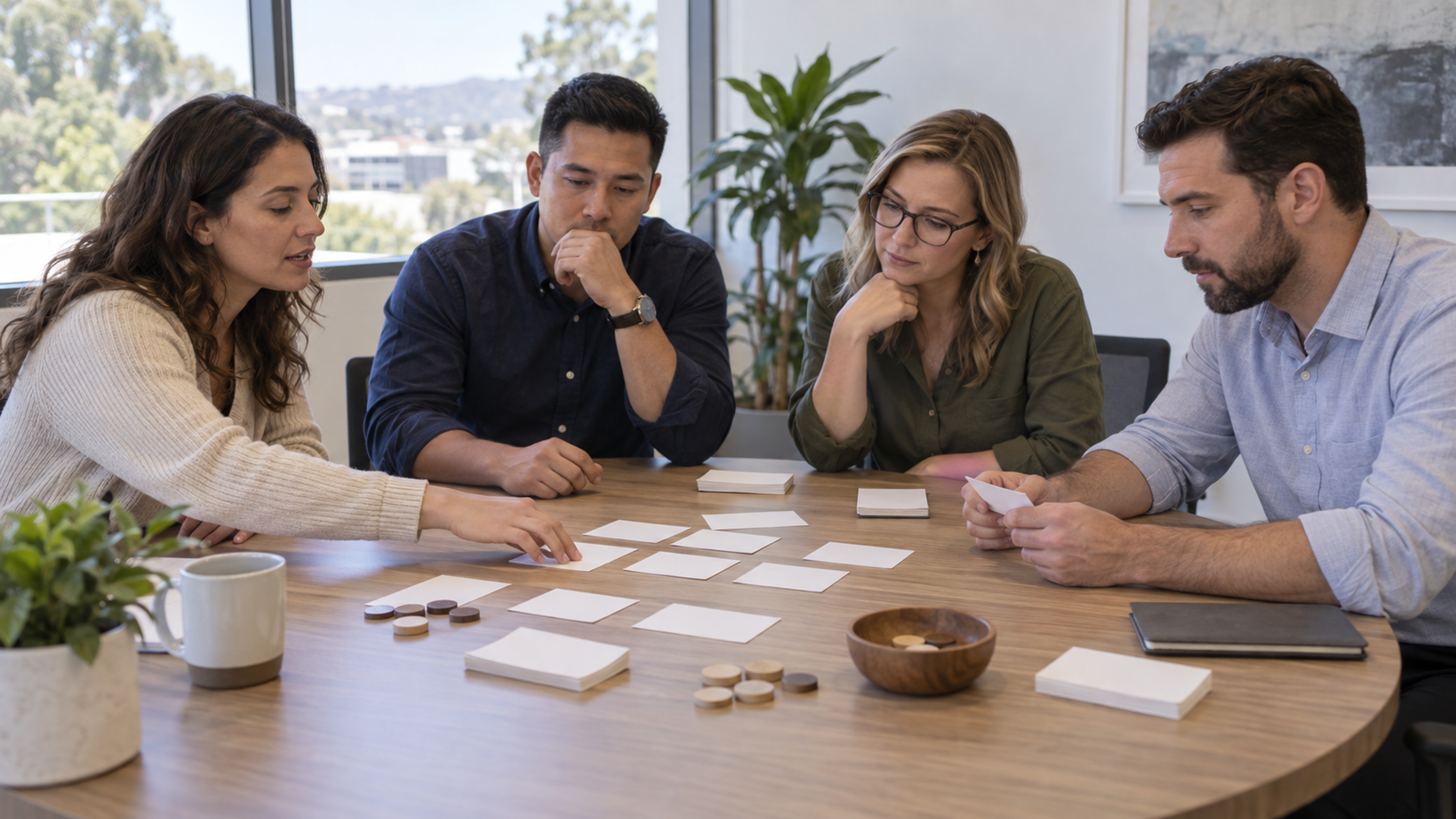 Four colleagues compare blank scenario cards and wooden tokens at a table