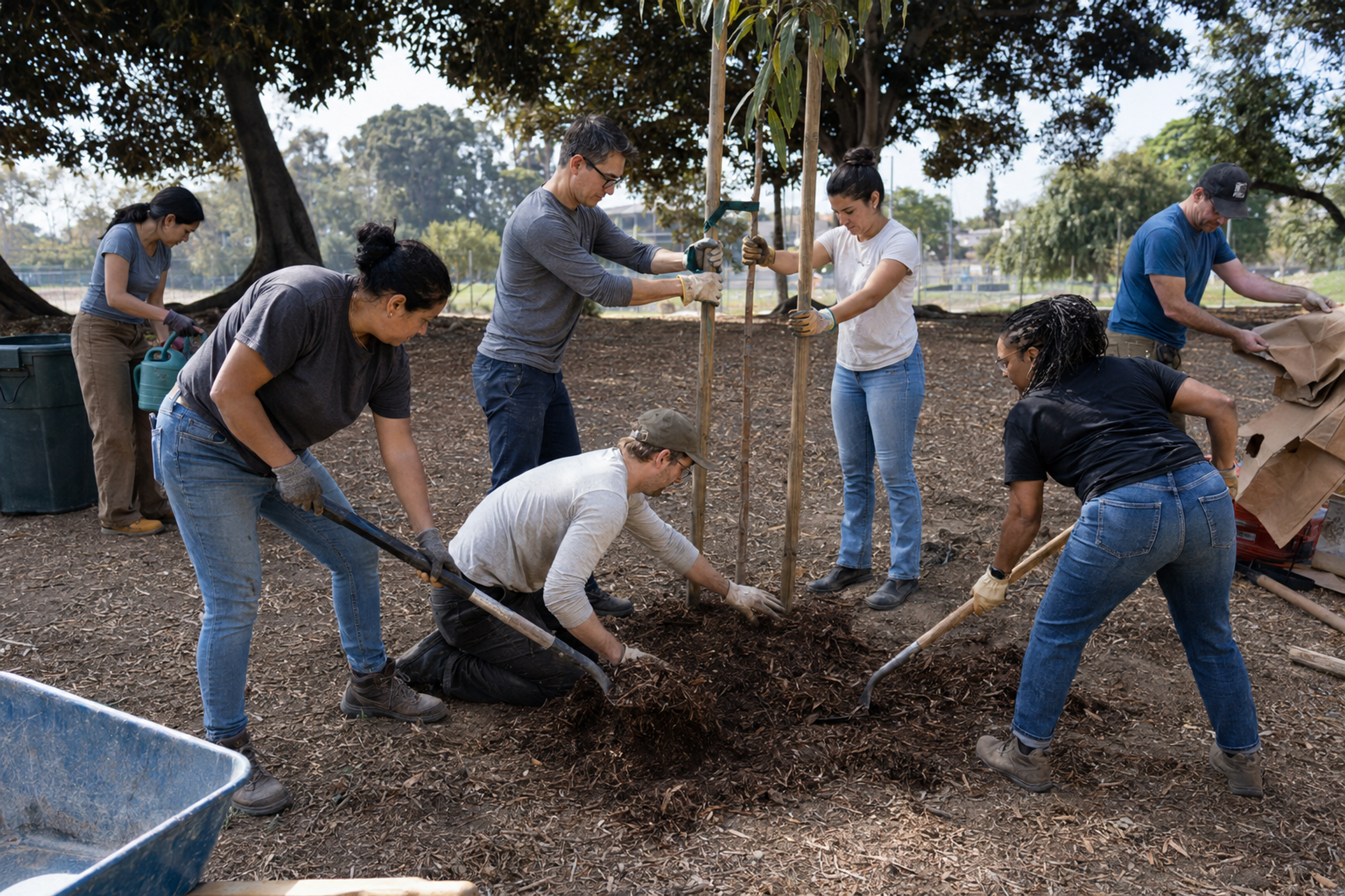 Corporate volunteers plant and mulch a young tree with practical supervision