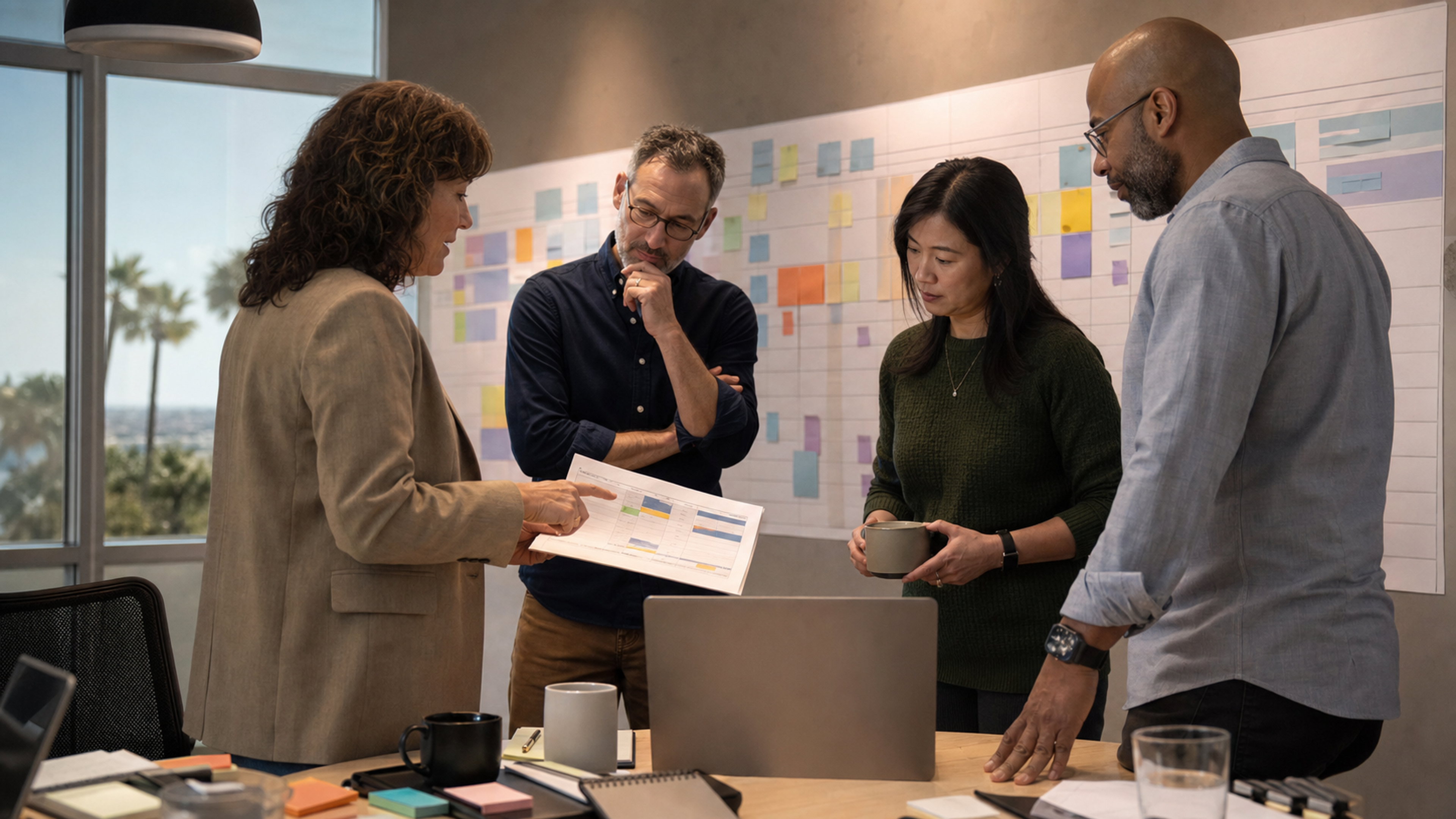 An event lead and colleagues review a detailed event workback plan