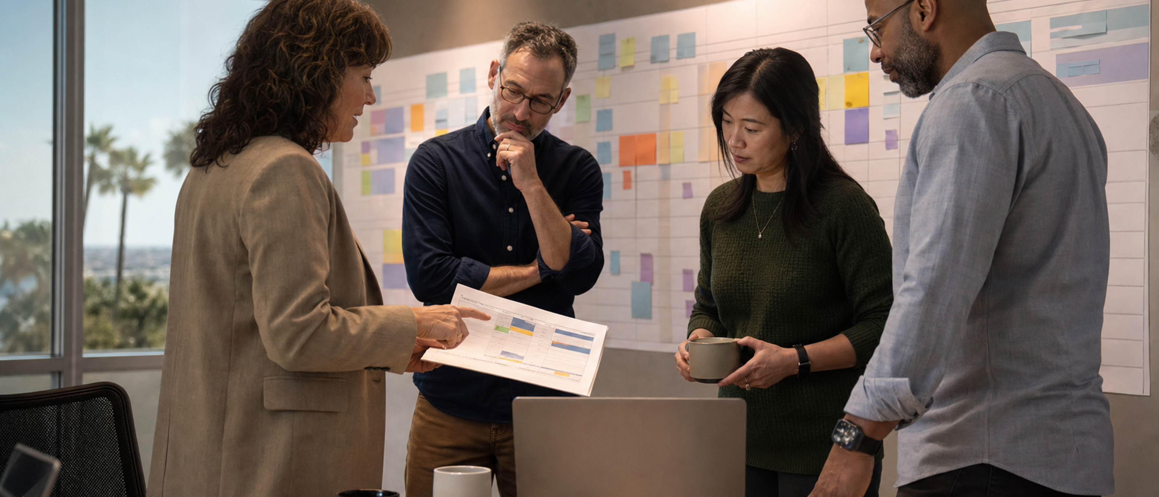 An event lead and colleagues review an eight-week company offsite workback plan