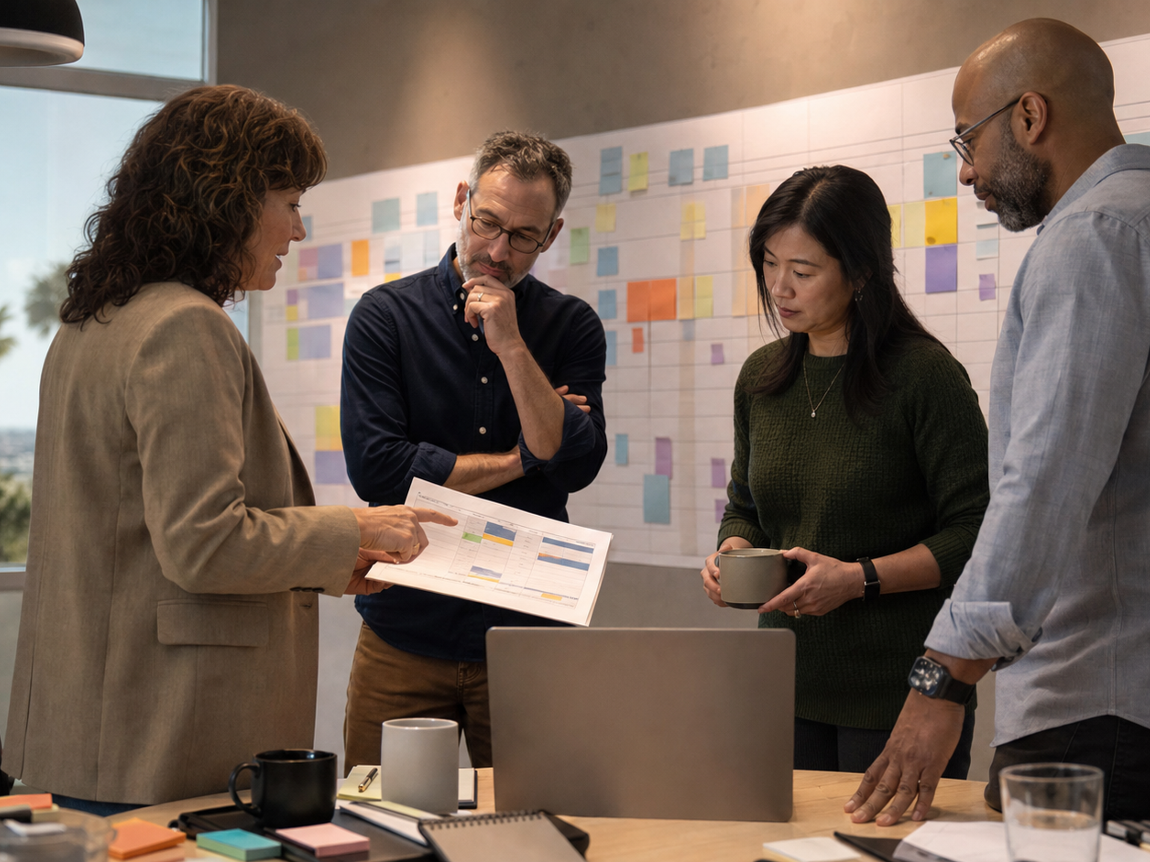 An event lead and colleagues review an eight-week company offsite workback plan