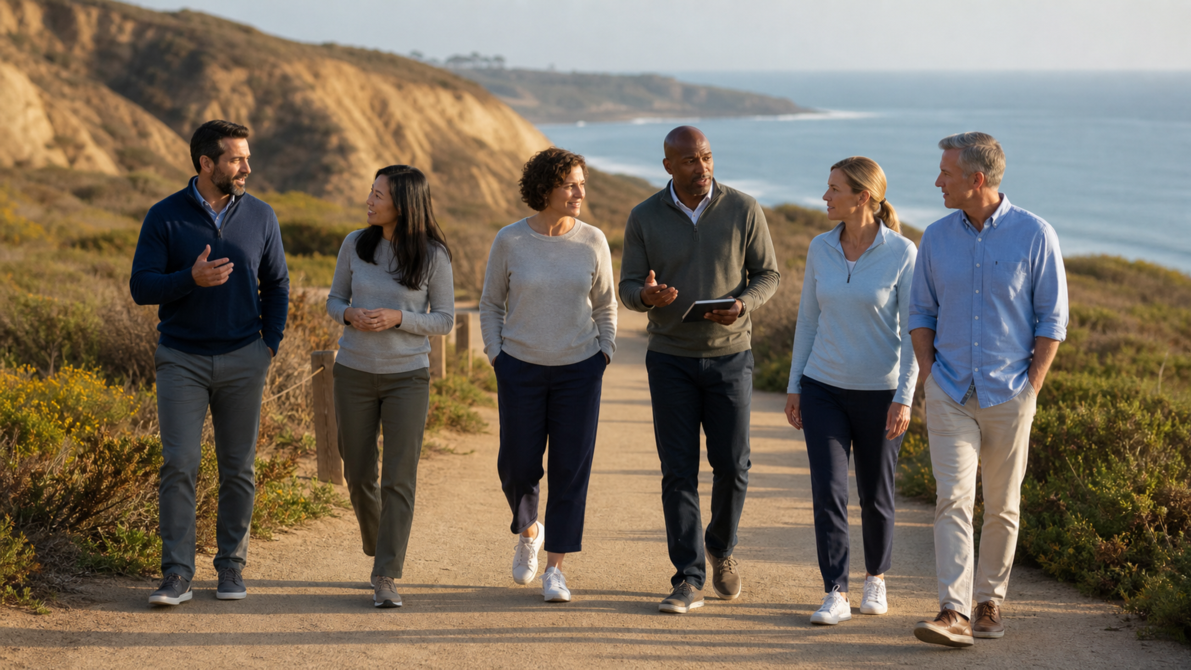 Senior coworkers talk in rotating pairs on a broad coastal trail