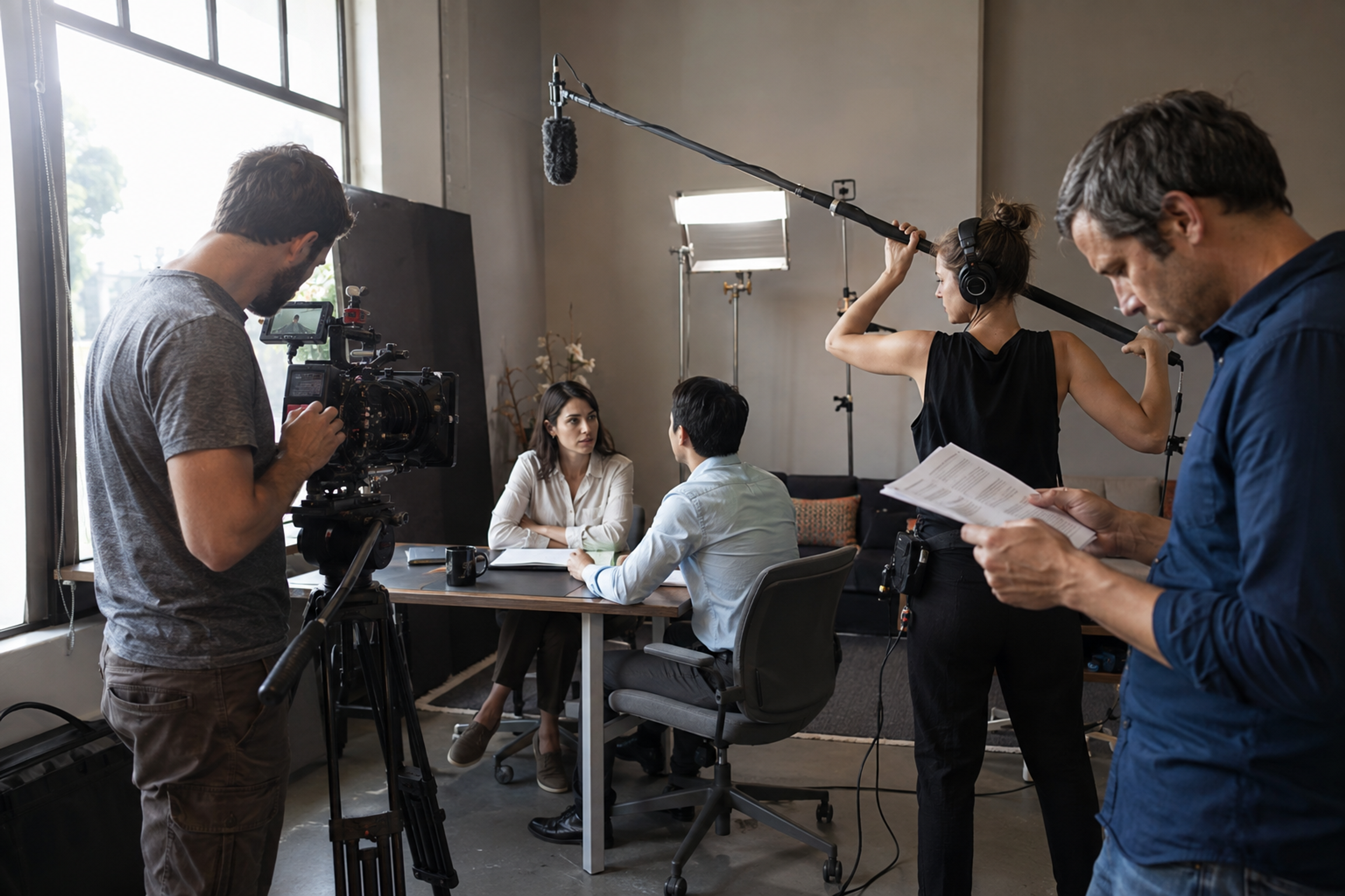 Coworkers operate a camera, boom microphone and shot list during a short-film challenge