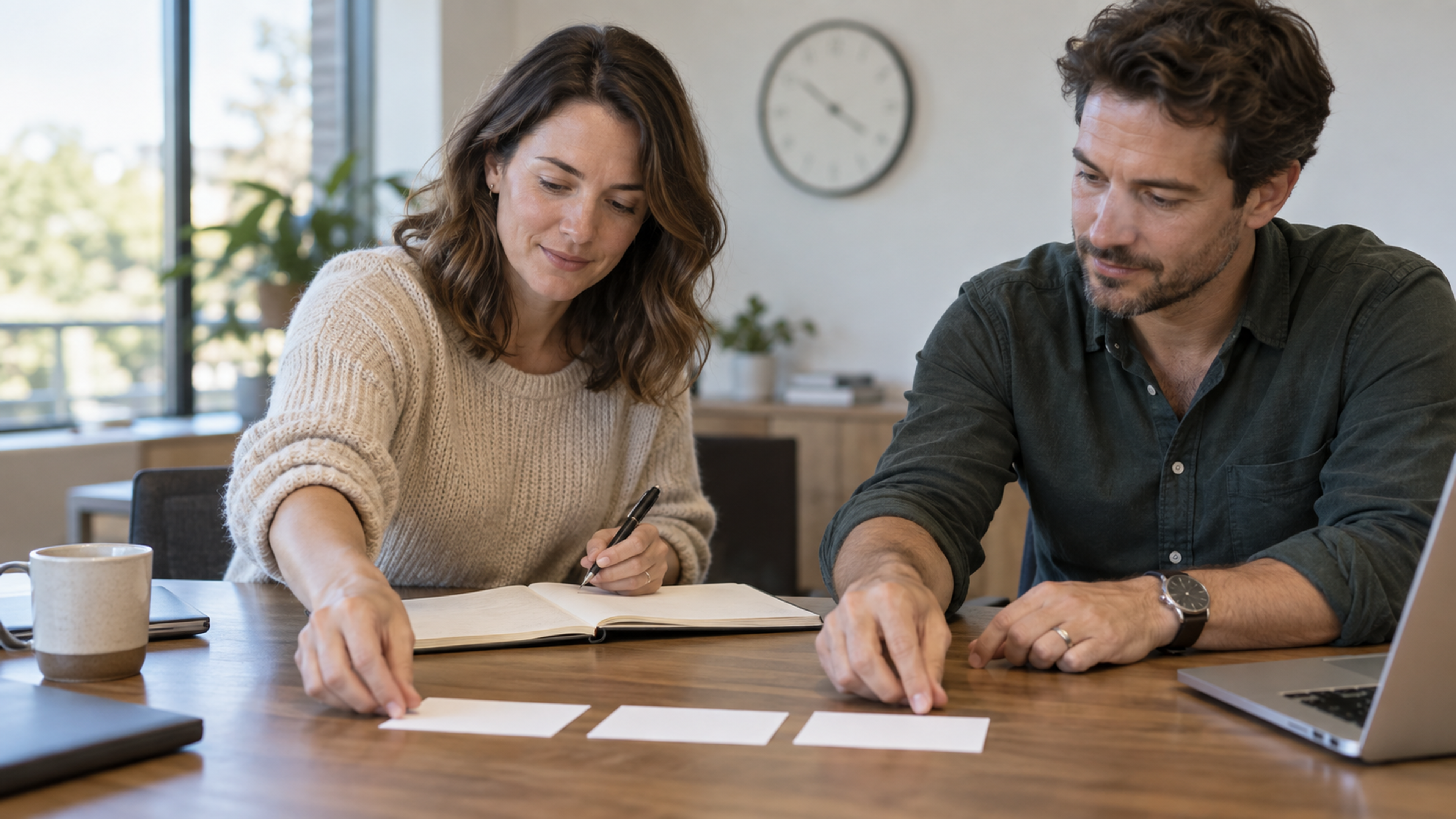 Two colleagues arrange cards beside an open notebook at the end of a session