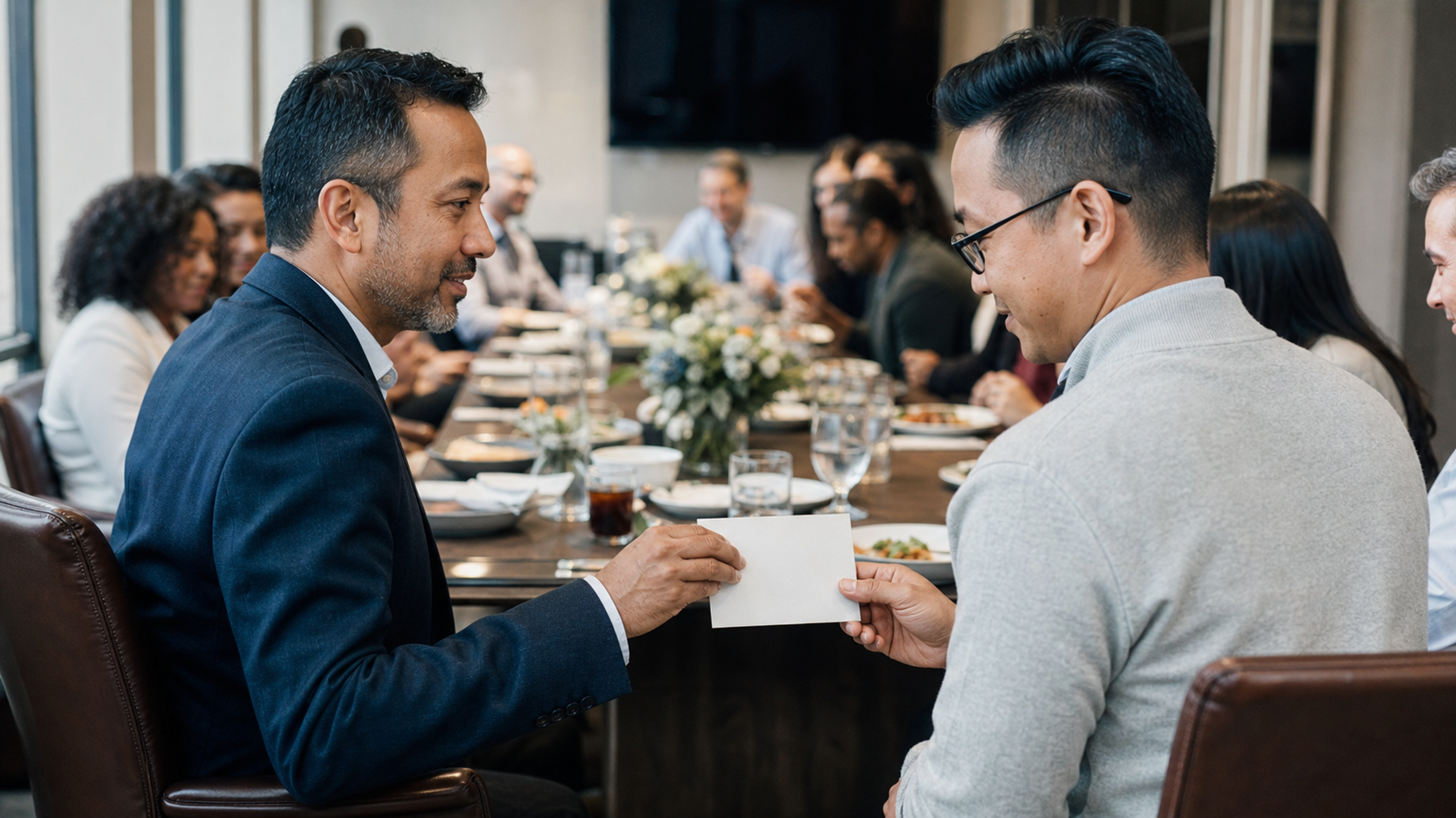 A manager privately gives an employee a handwritten thank-you card during a hosted lunch