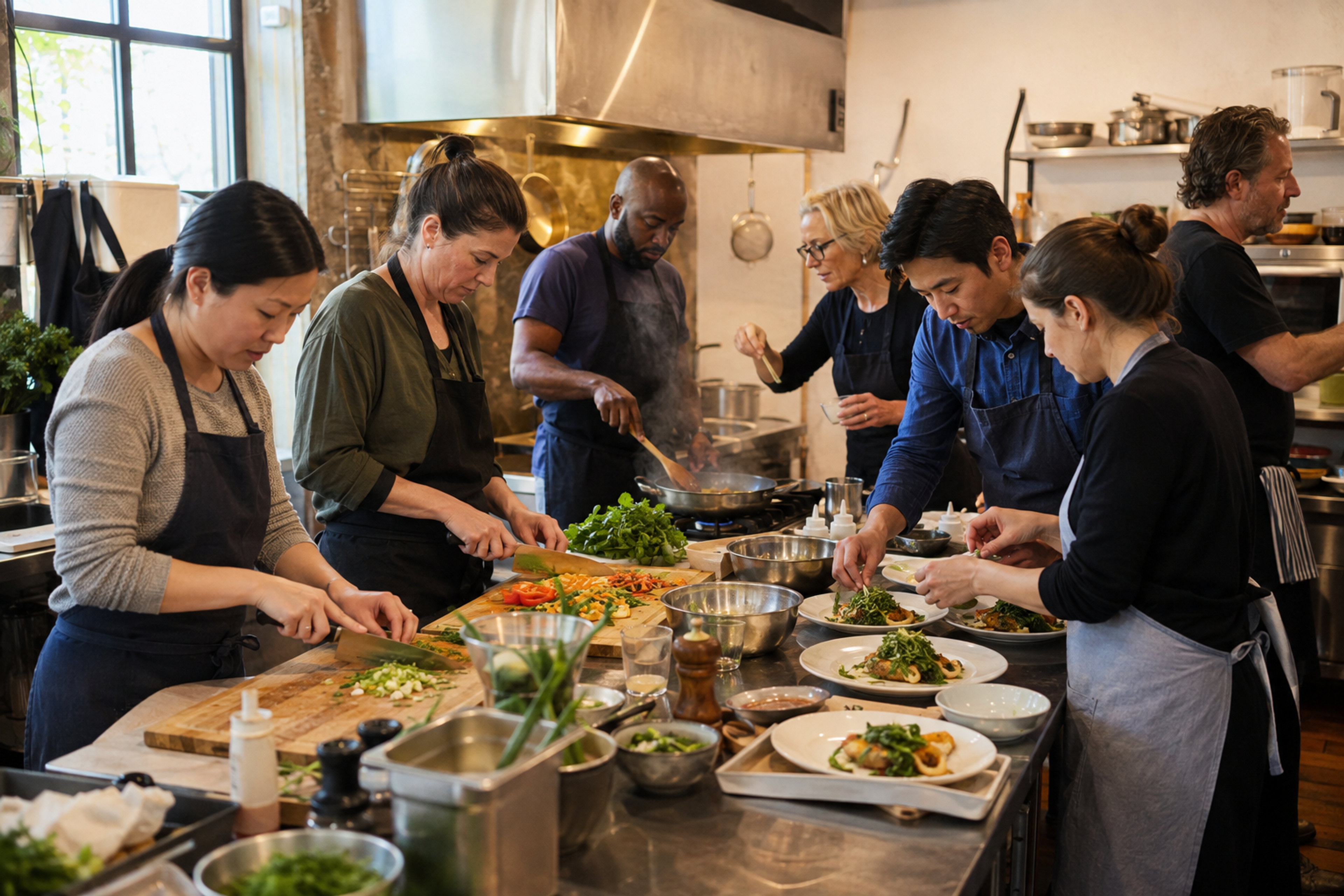 A corporate group shares chopping, cooking and plating tasks in a teaching kitchen