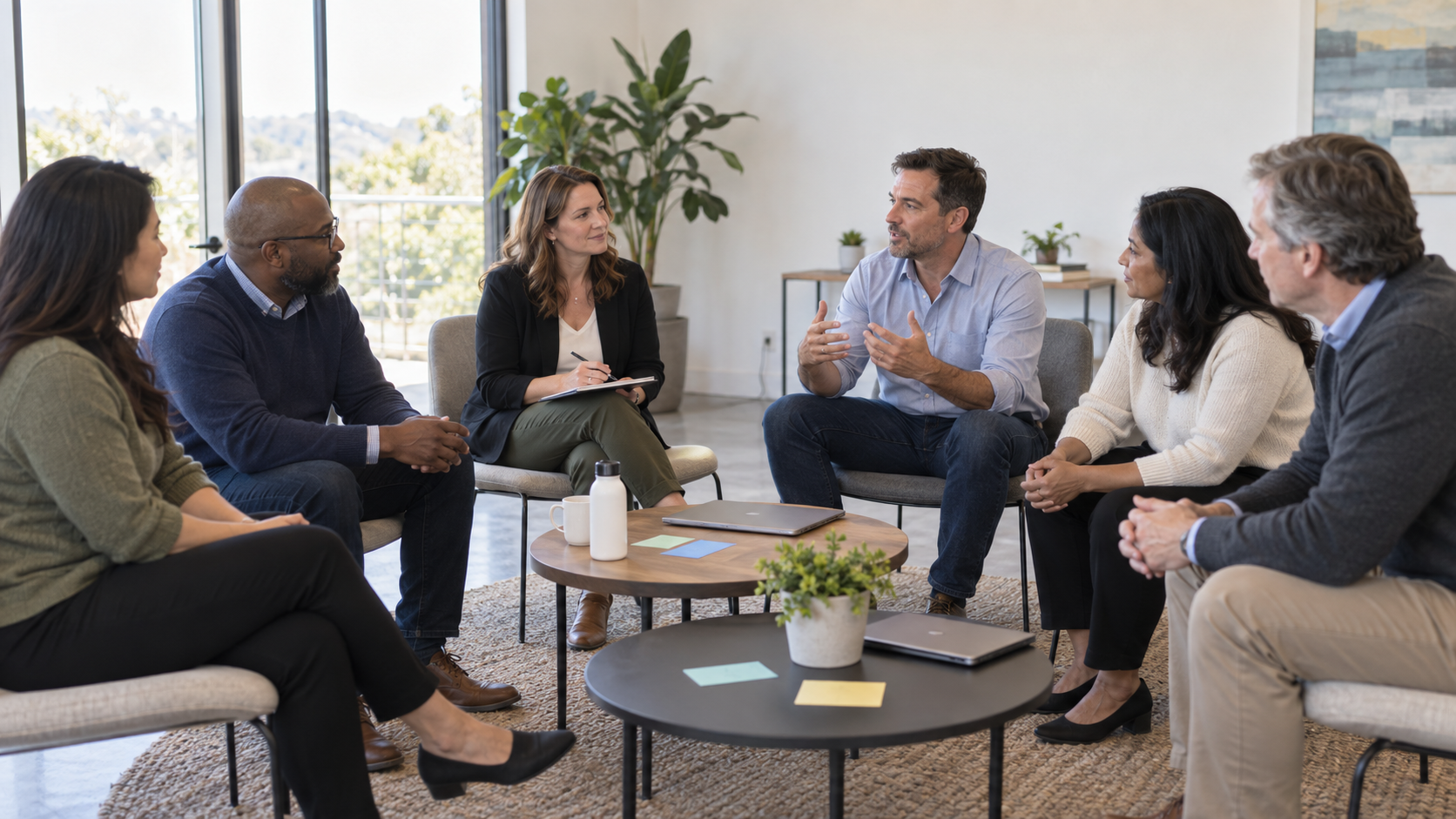 Six colleagues take part in a facilitated leadership discussion in a bright meeting room