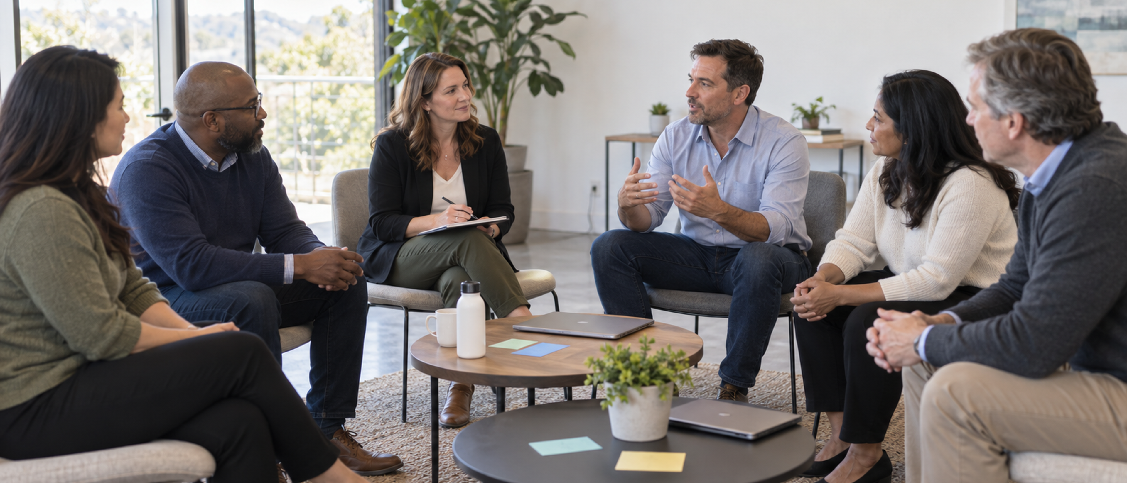 Six colleagues take part in a facilitated leadership discussion in a bright meeting room