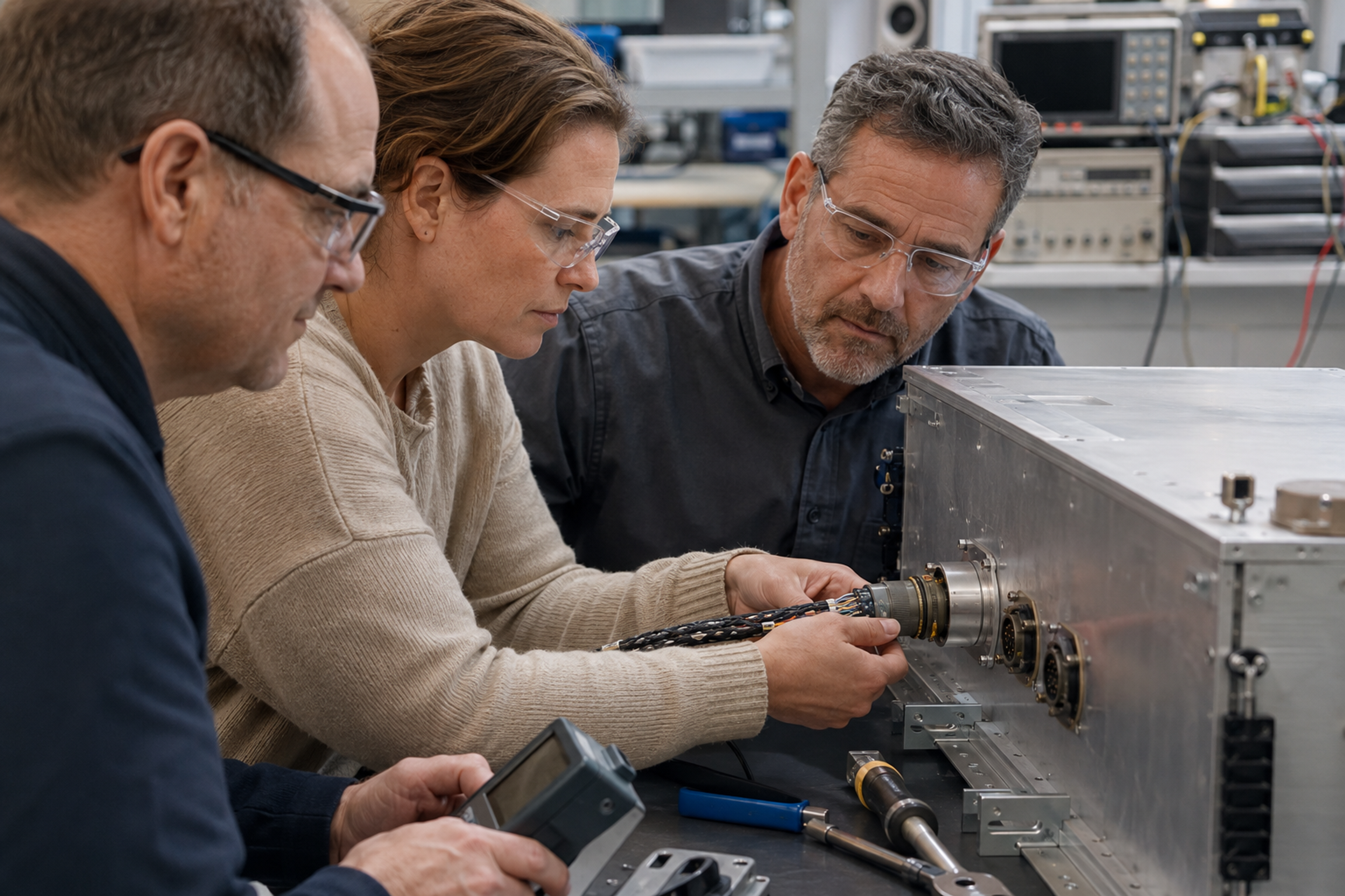 Aerospace engineers verify a cable-harness interface at an avionics test enclosure