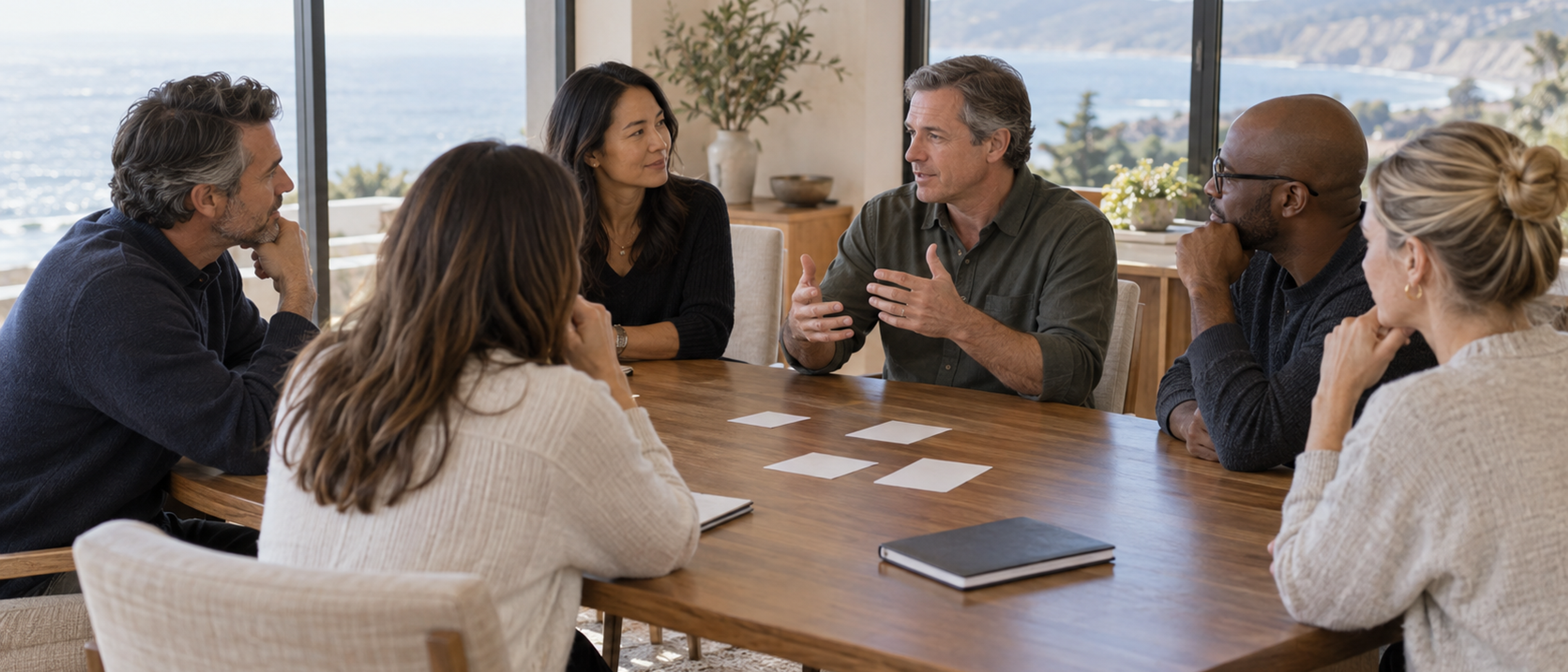 Six corporate leaders discuss priorities around a table in a coastal meeting room