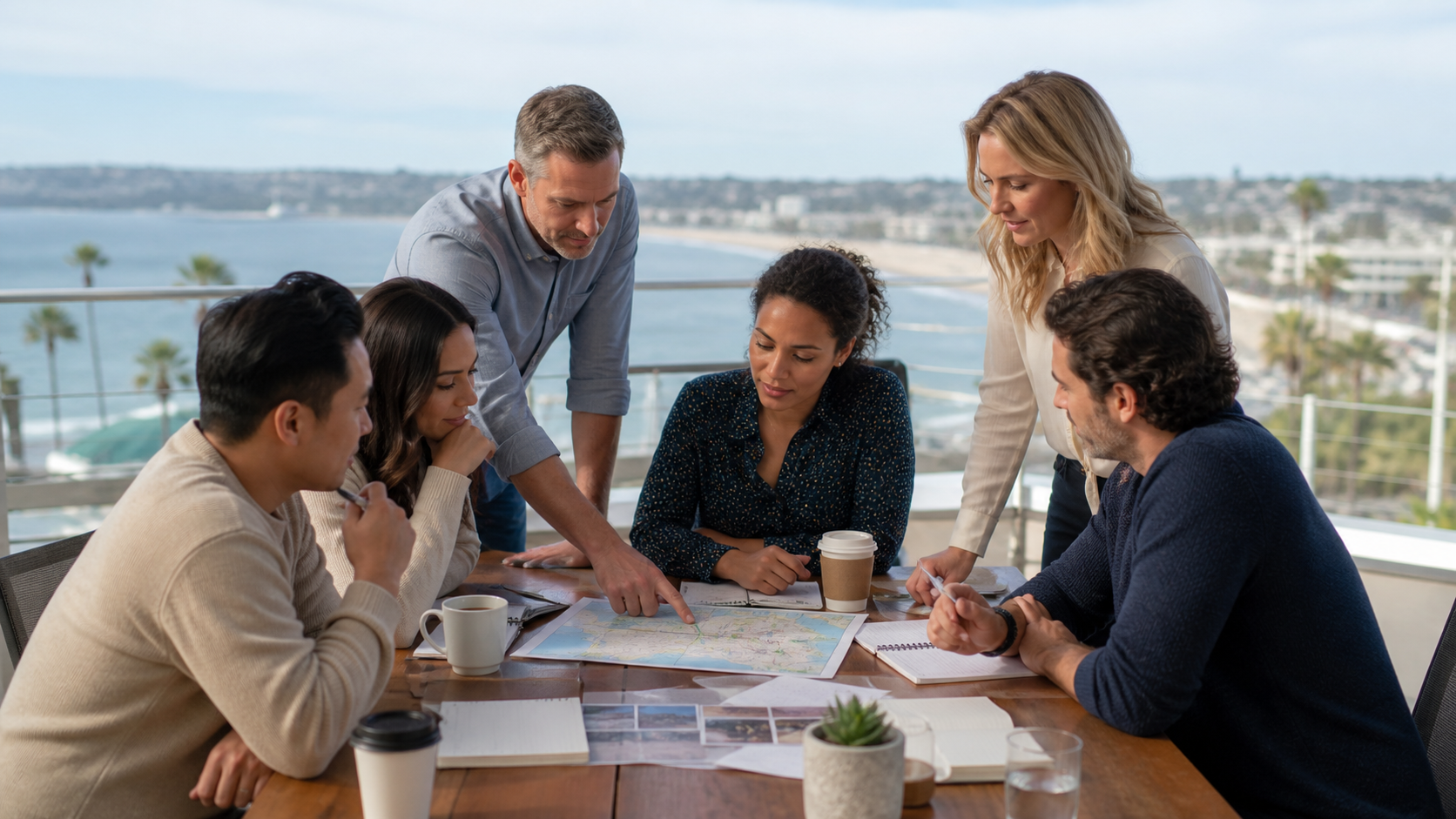 A diverse team plans a San Diego company day on a coastal terrace