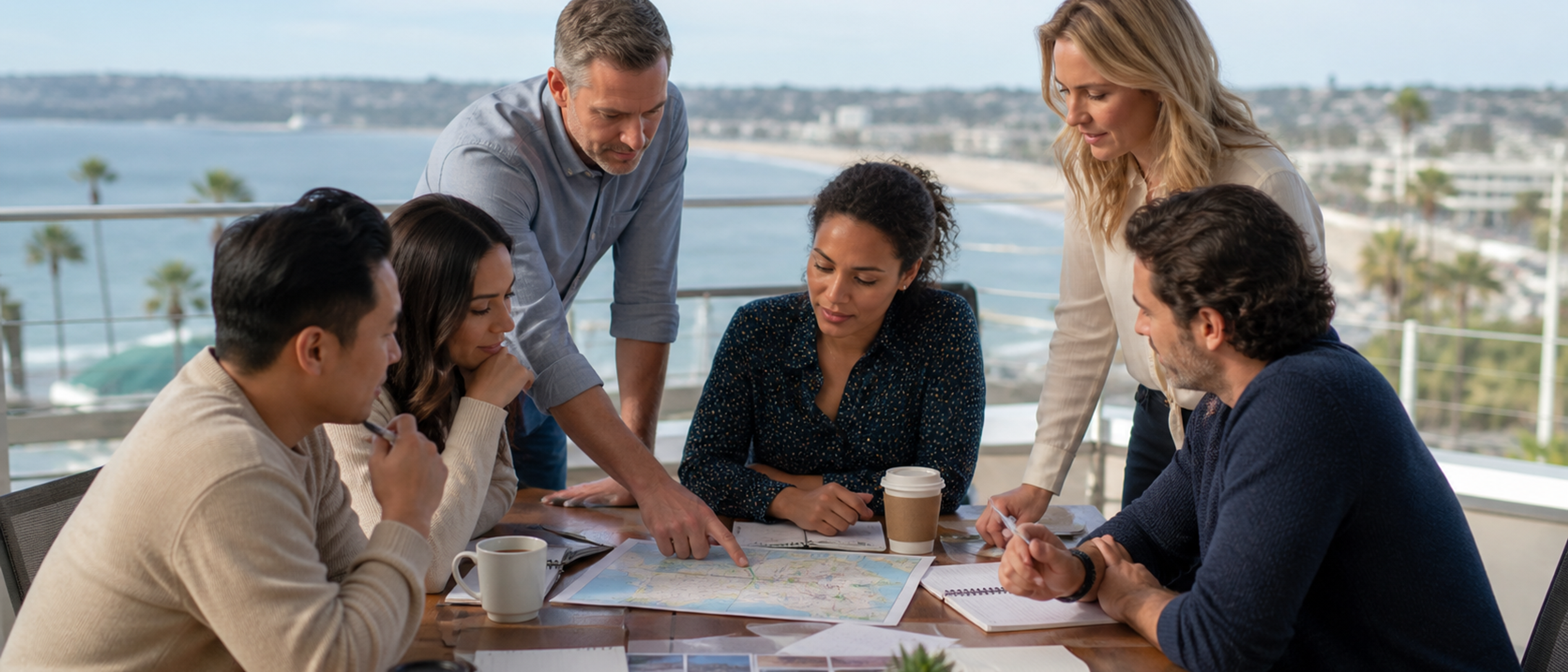 A diverse team plans a San Diego company day on a coastal terrace
