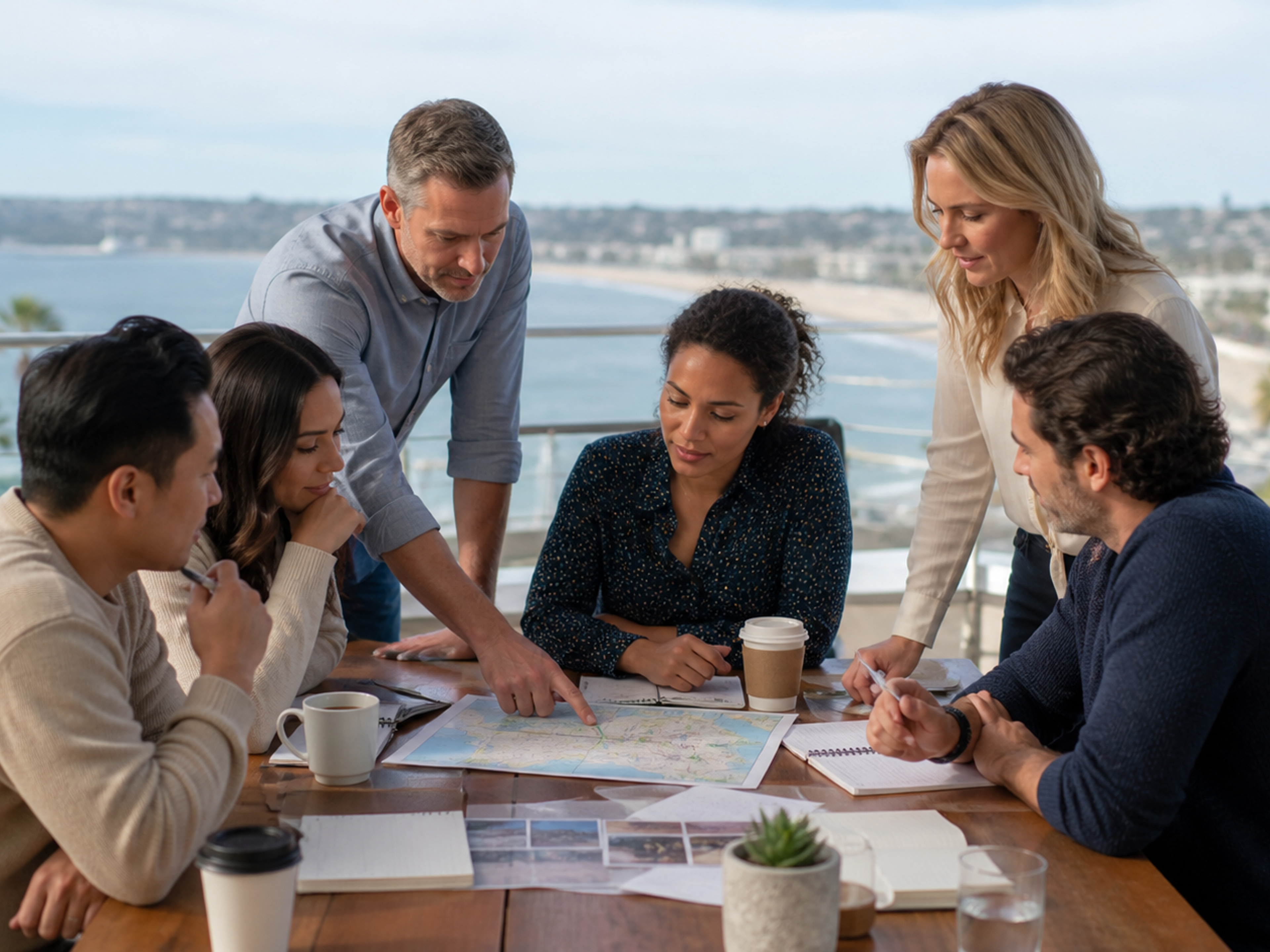 A diverse team plans a San Diego company day on a coastal terrace