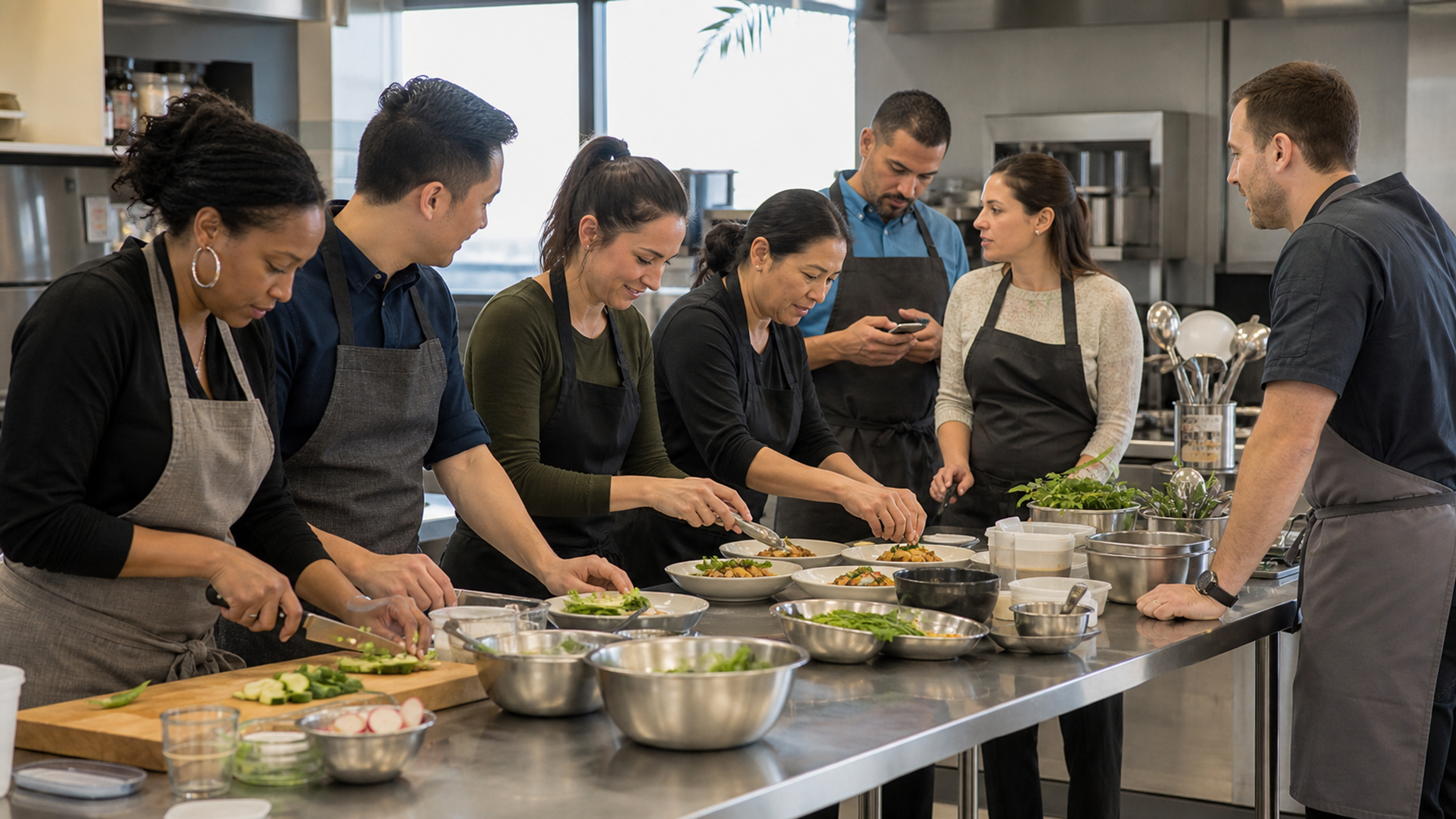 Coworkers share preparation, timing and plating roles in a hosted cooking challenge