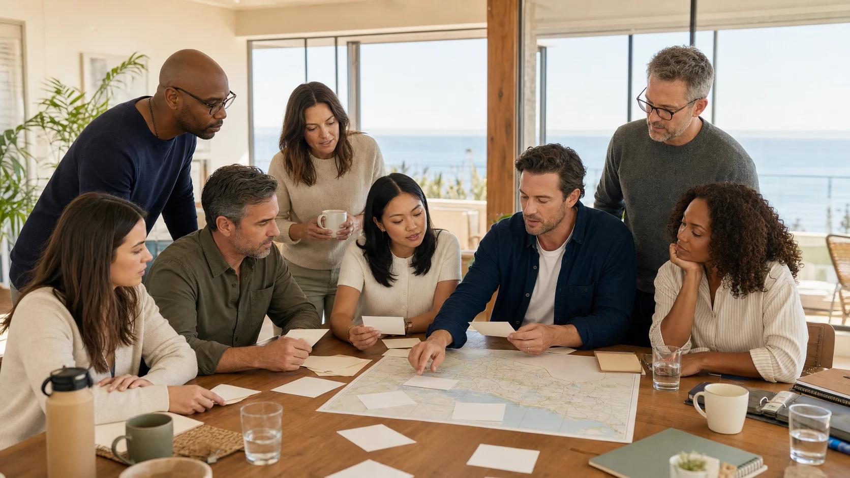 Coworkers compare team-building activity options in a bright coastal California meeting venue