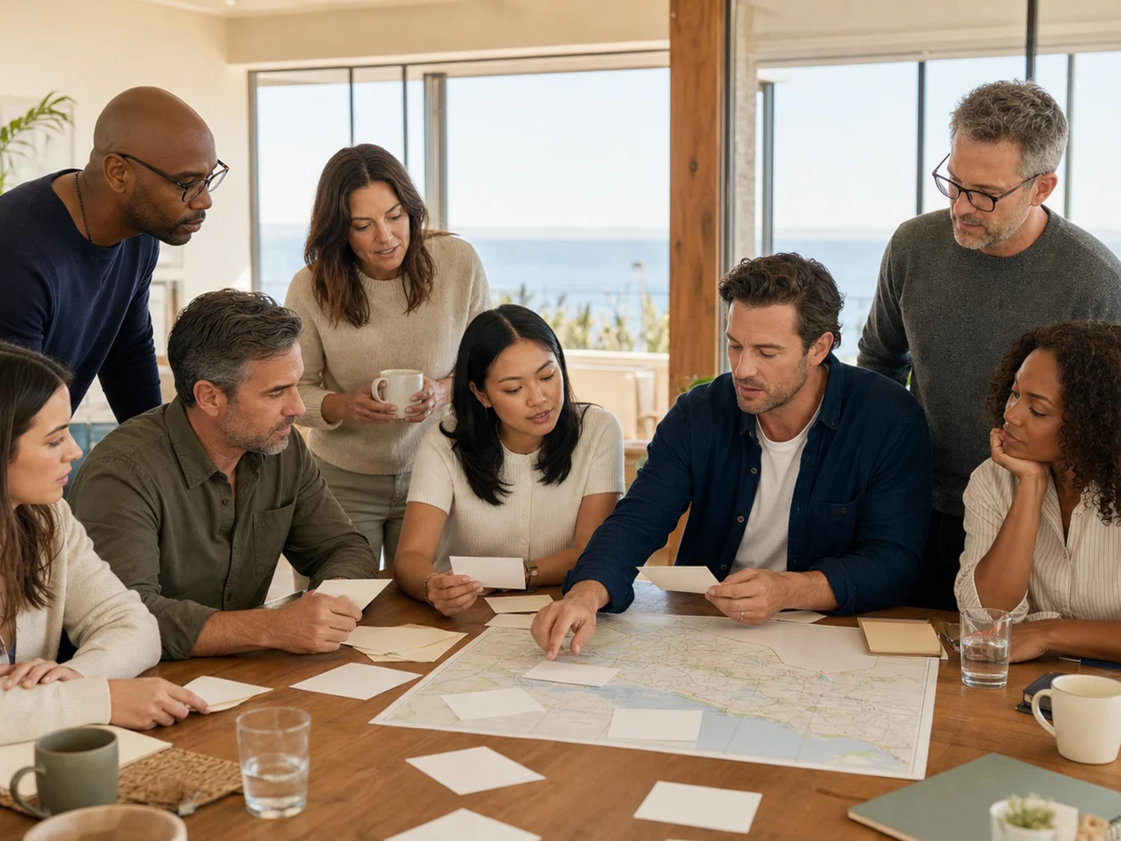 Coworkers compare team-building activity options in a bright coastal California meeting venue