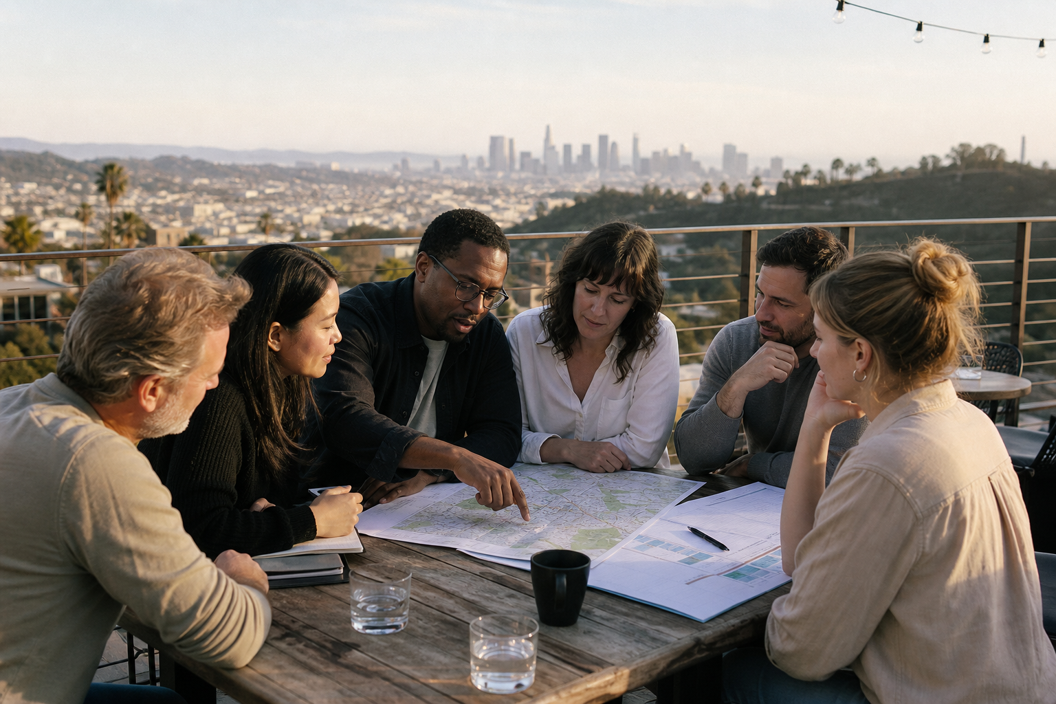 Los Angeles coworkers compare offsite locations around a map on an outdoor terrace