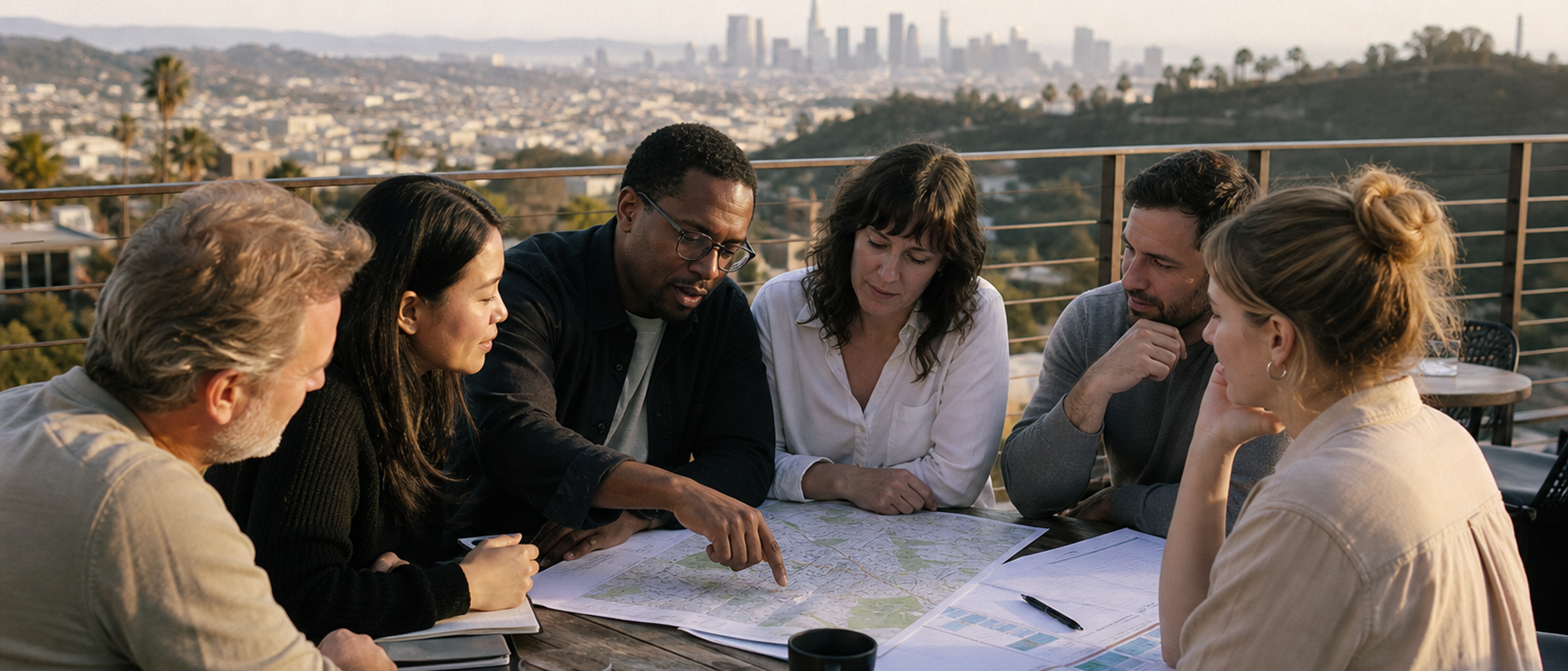Los Angeles coworkers compare offsite locations around a map on an outdoor terrace