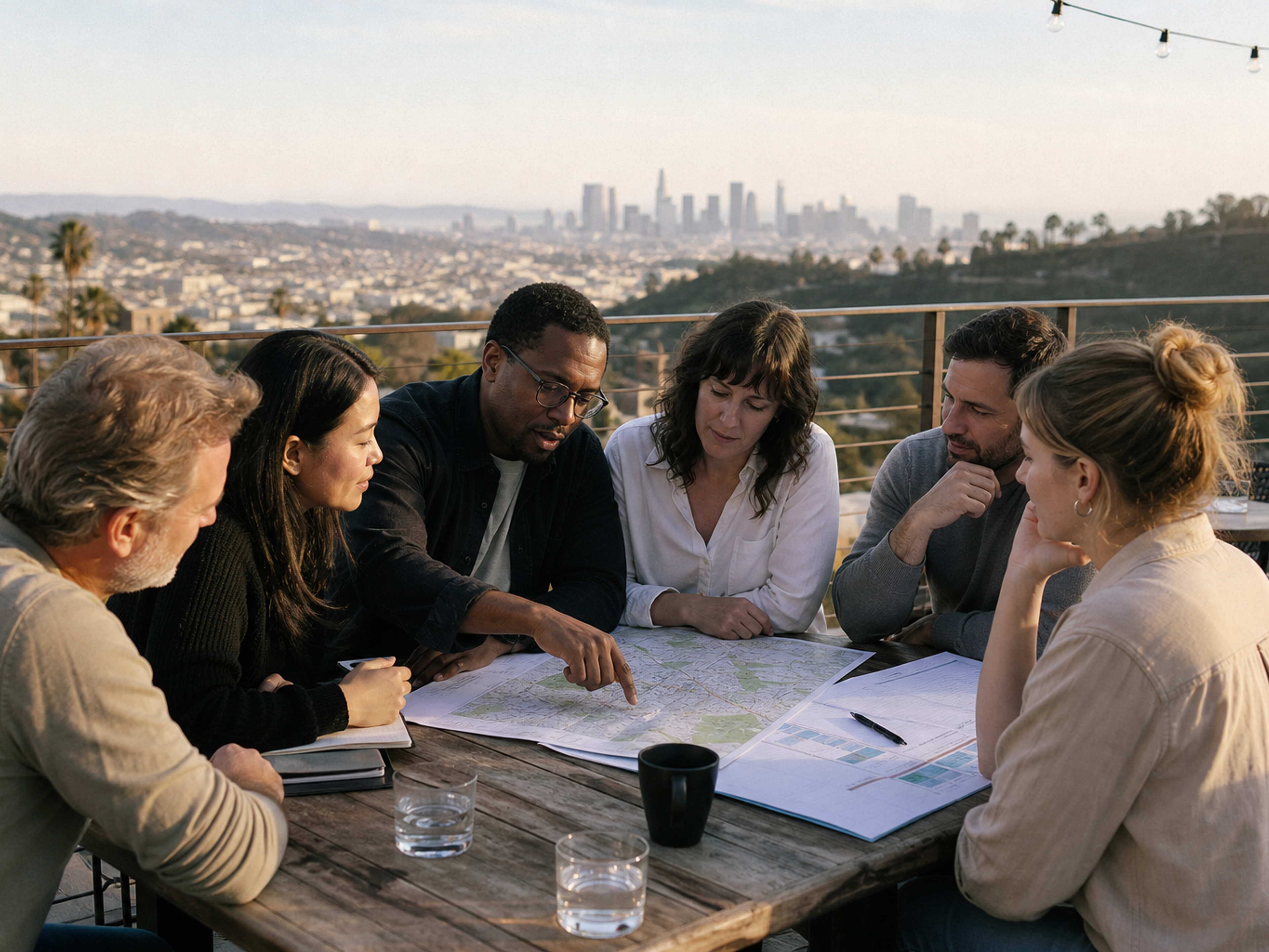 Los Angeles coworkers compare offsite locations around a map on an outdoor terrace