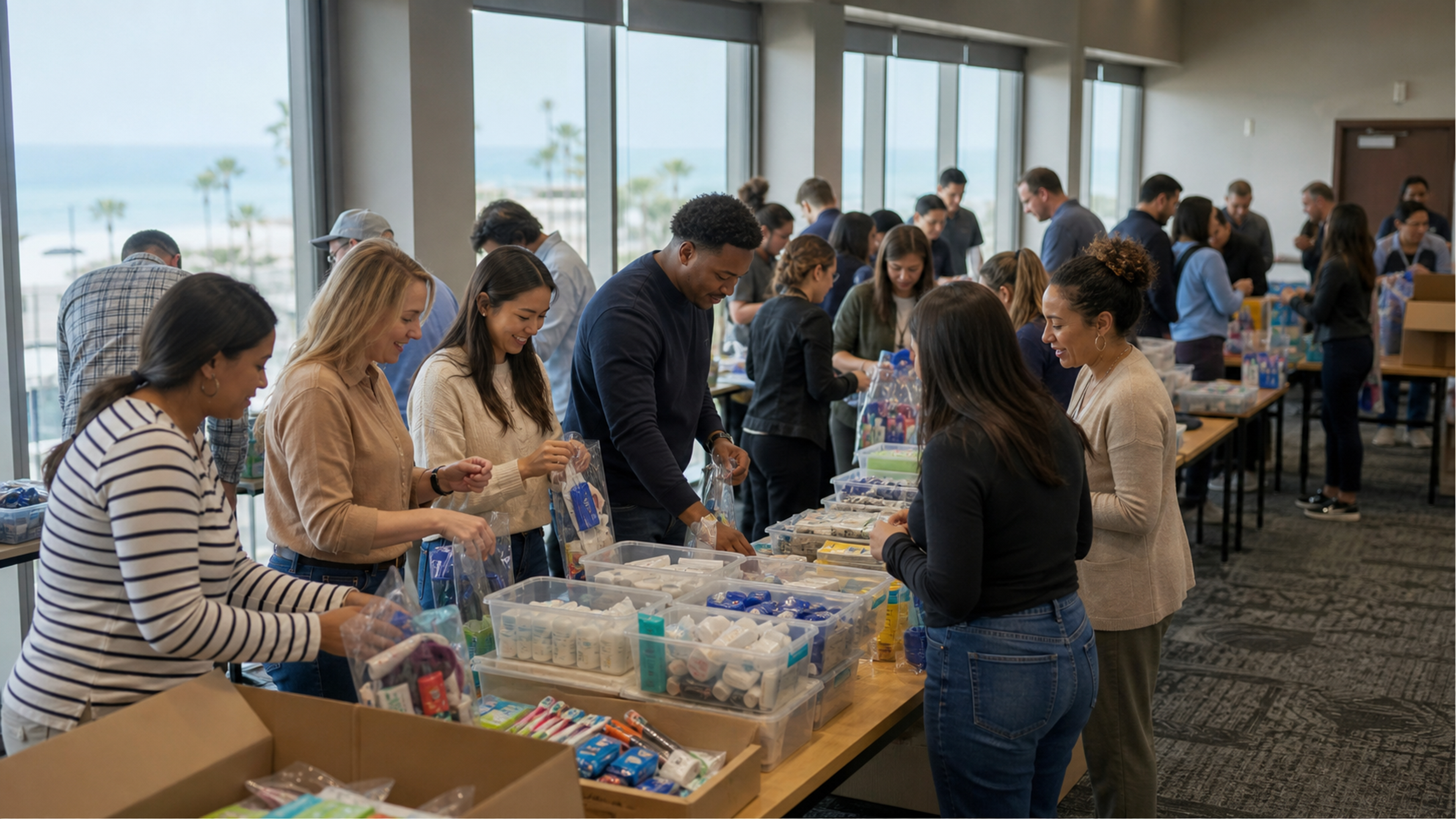 Coworkers assemble care kits in organized teams at an outdoor event