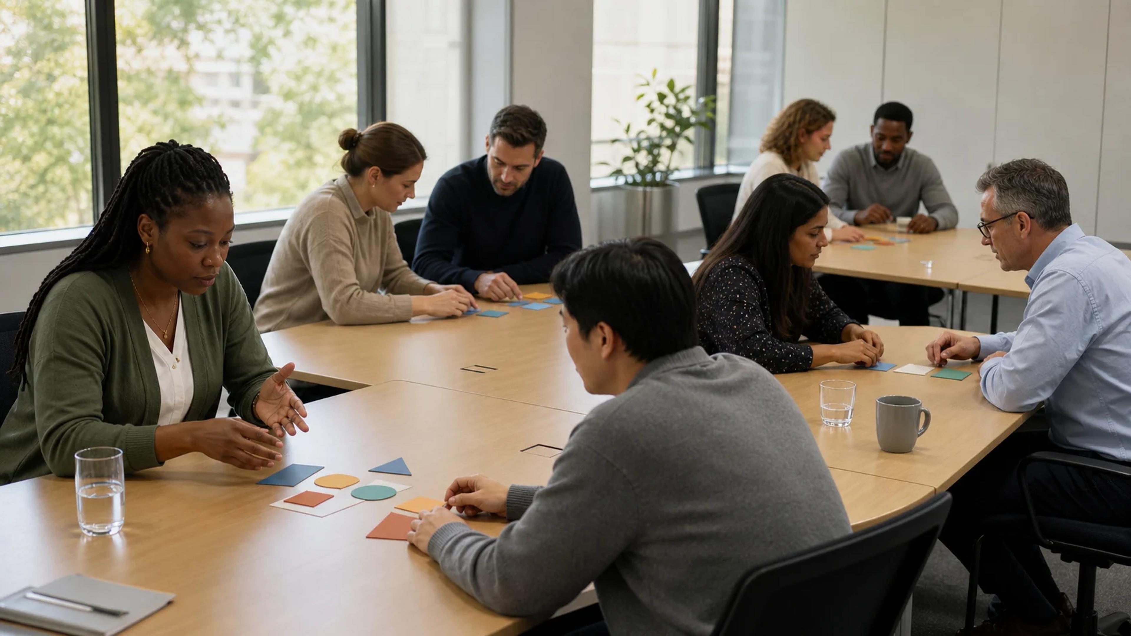 Coworkers complete a short communication exercise around a meeting table