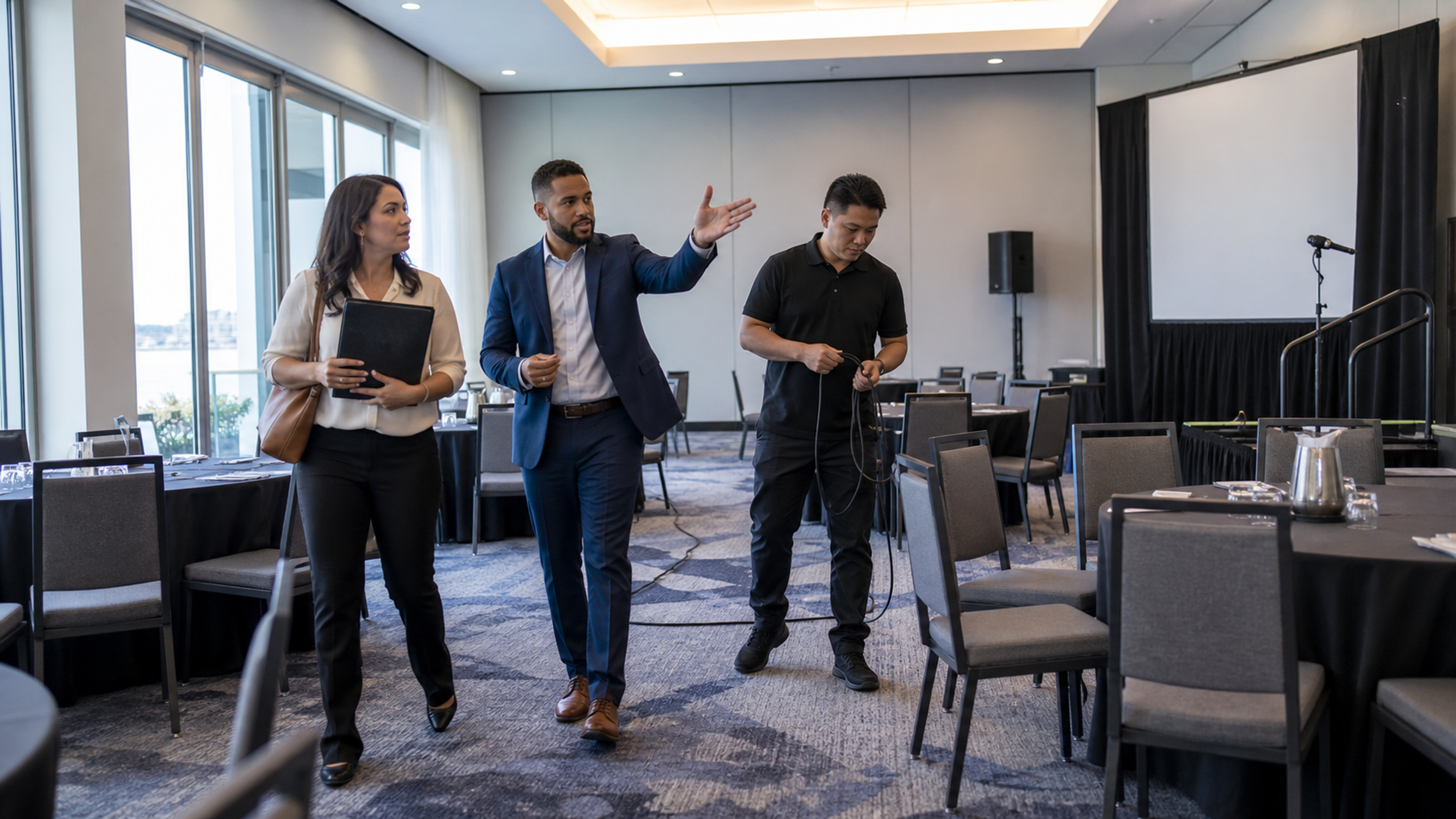 An event lead, venue manager and AV technician walk through an event room