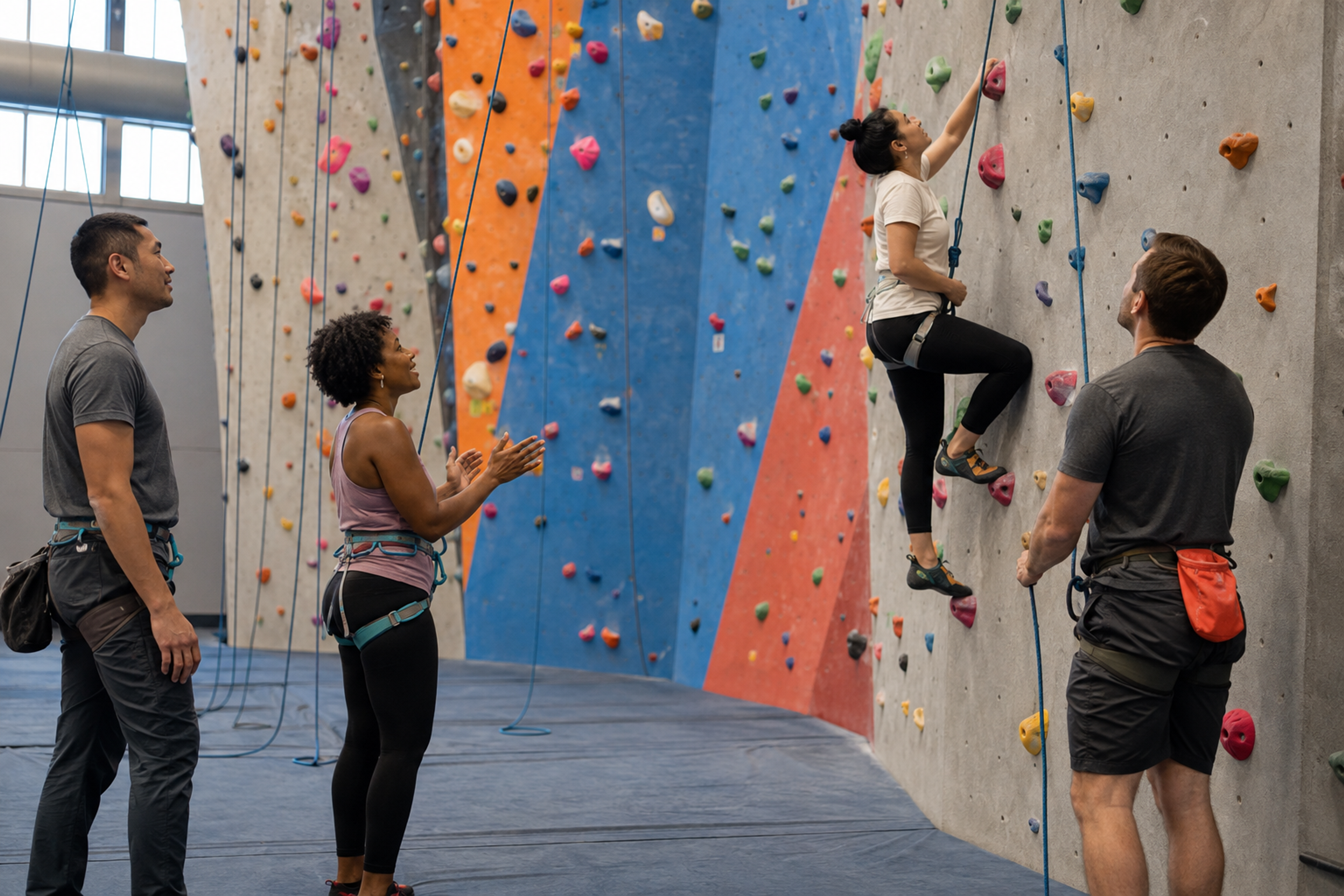 Colleagues encourage a teammate during a beginner-friendly indoor climbing session