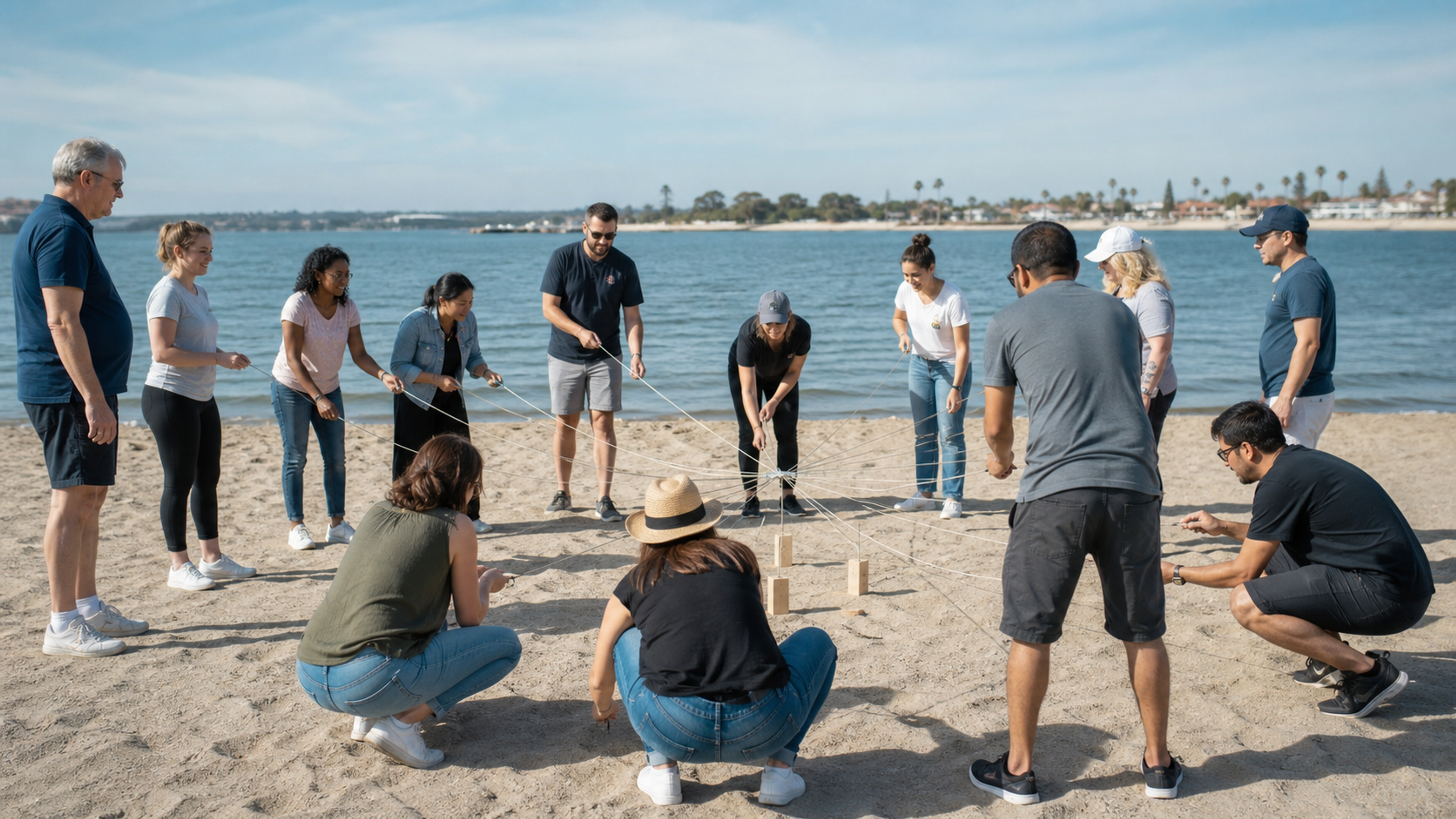 Large teams compete in a facilitated beach challenge beside Mission Bay
