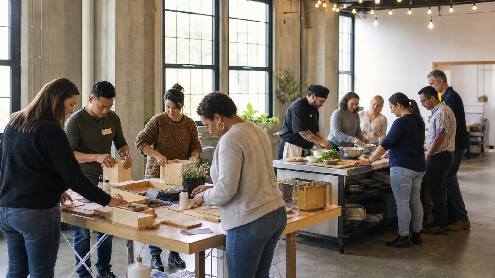 Coworkers choose between hands-on activities at a corporate event