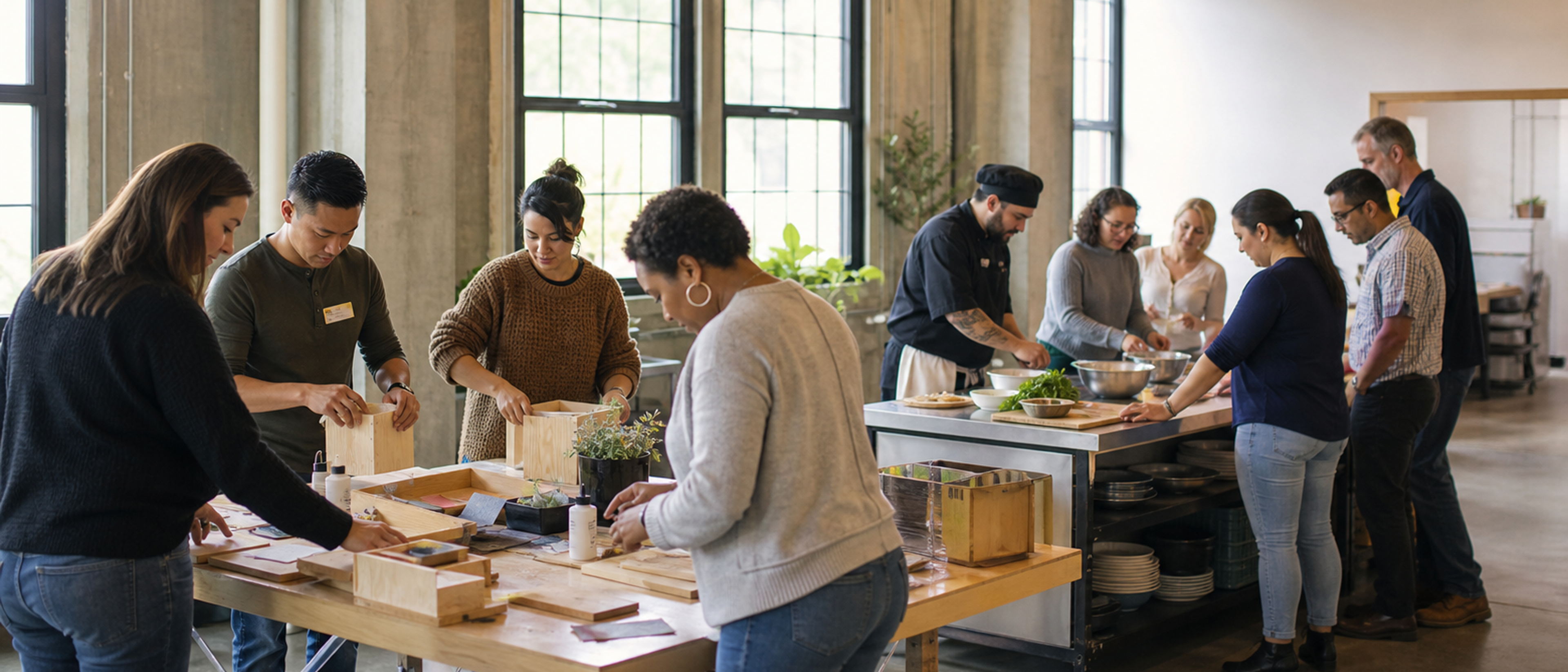 Coworkers choose between hands-on activities at a corporate event