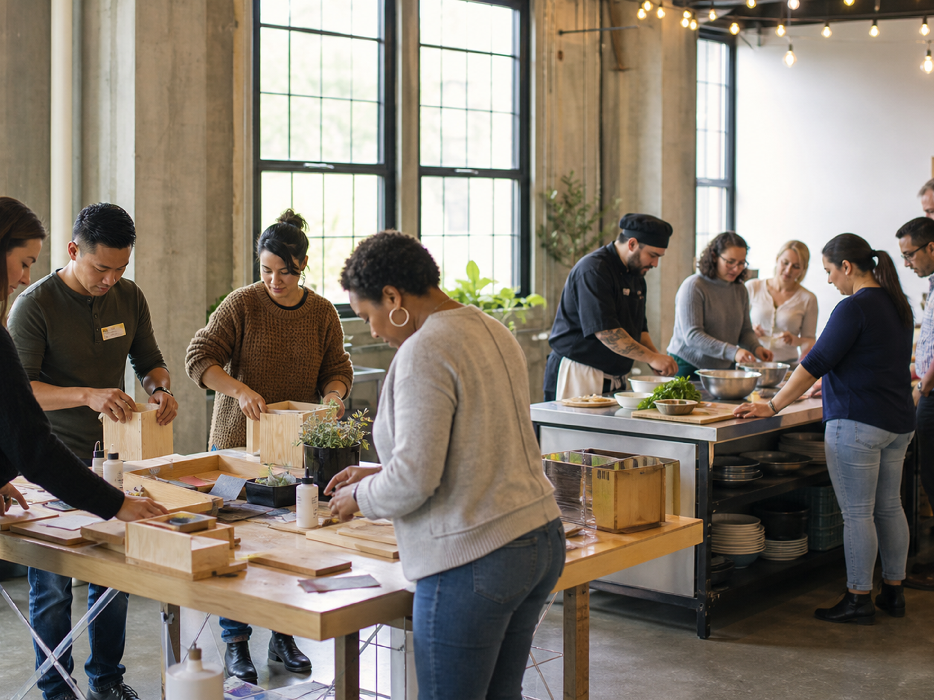 Coworkers choose between hands-on activities at a corporate event