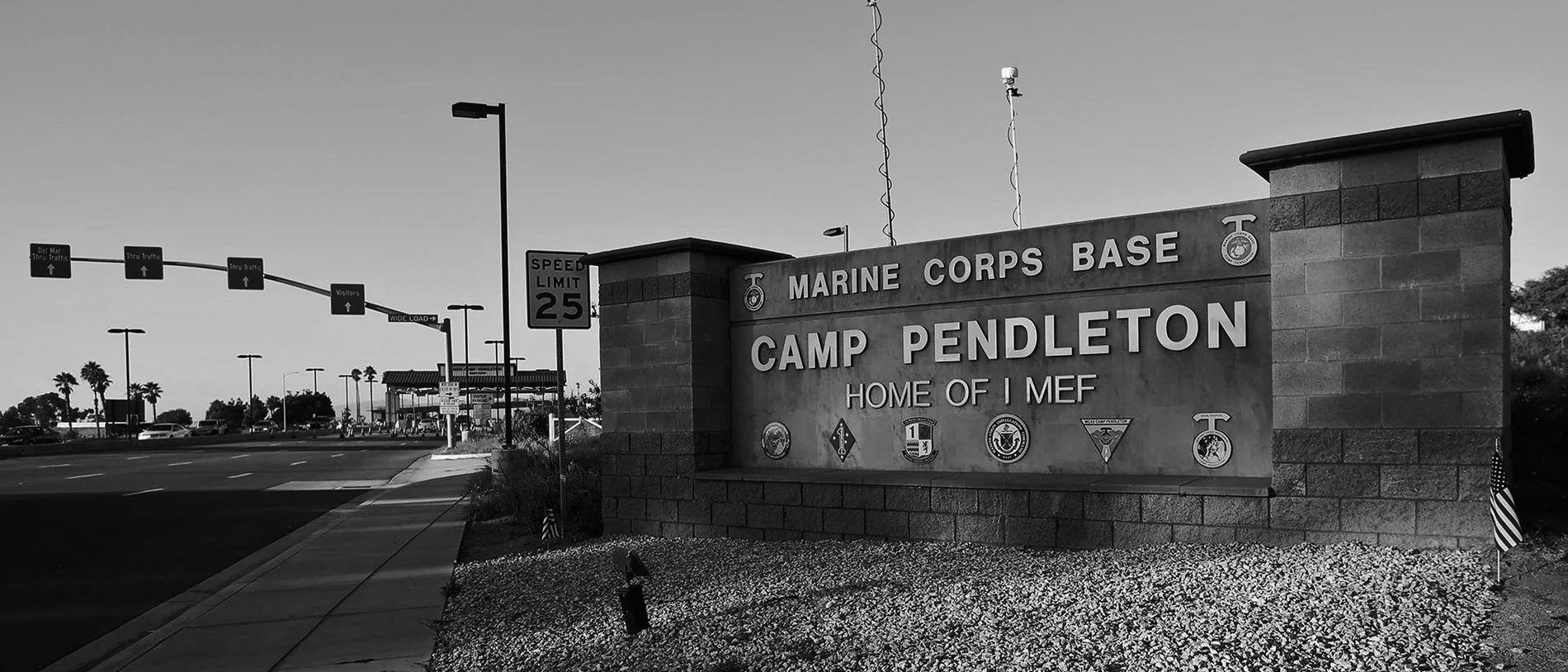 The Marine Corps Base Camp Pendleton entrance sign, Home of I MEF.