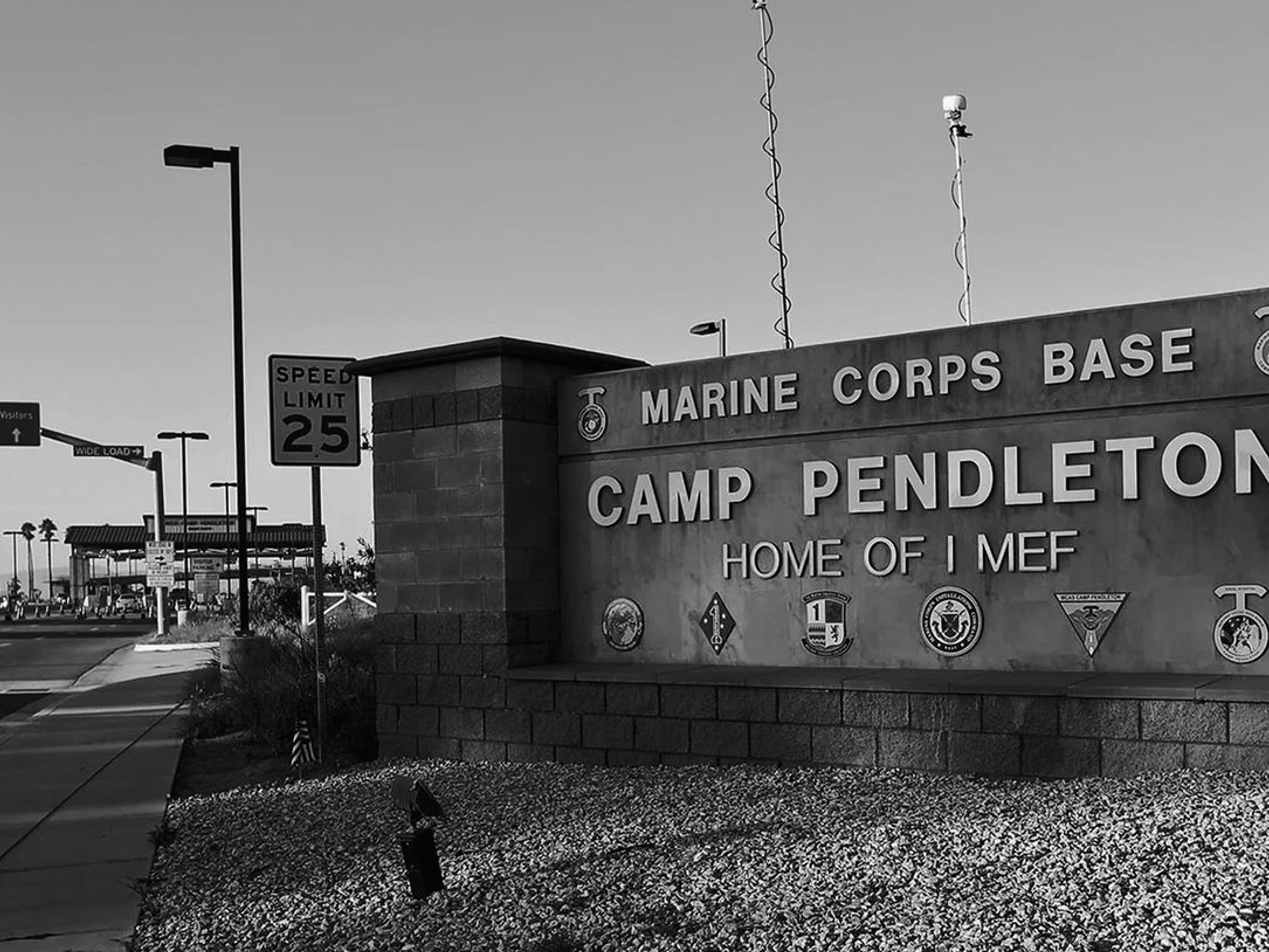 The Marine Corps Base Camp Pendleton entrance sign, Home of I MEF.